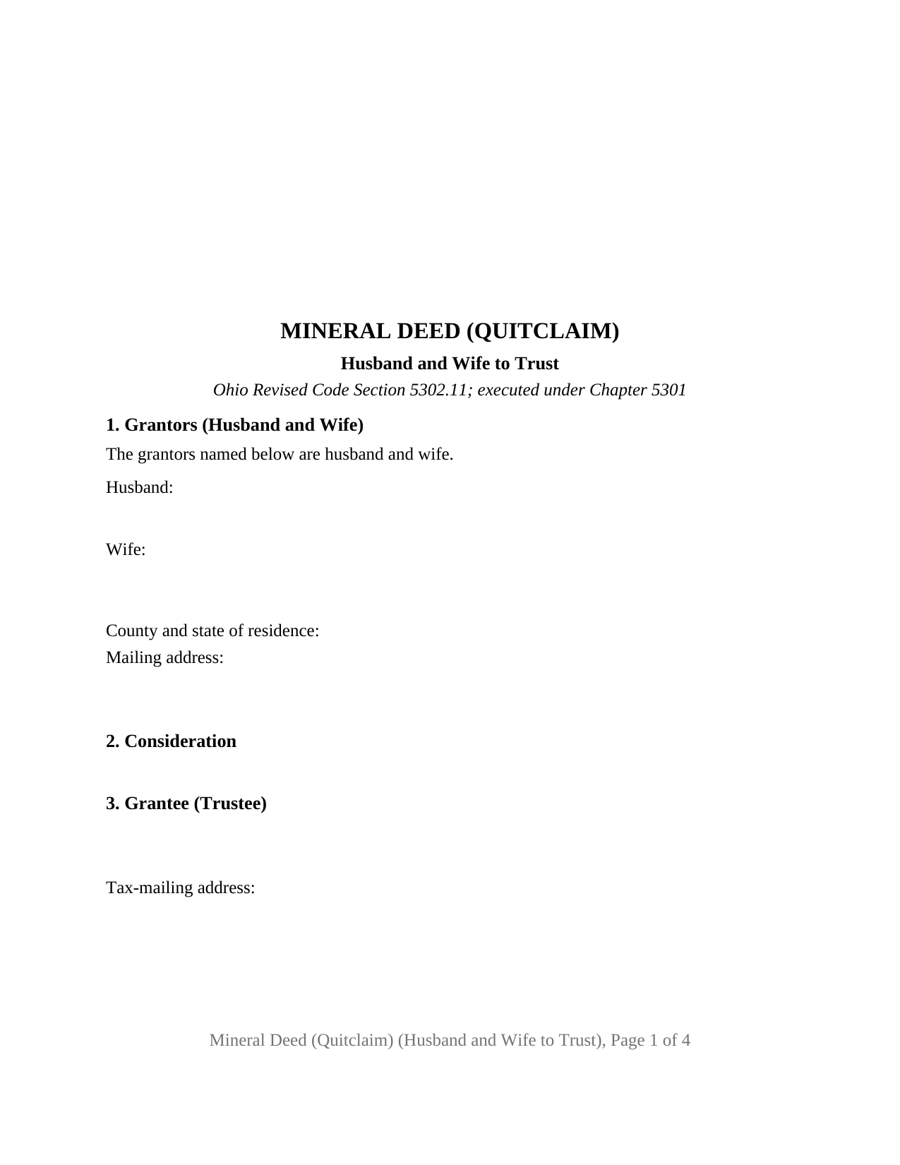 Ohio Mineral Deed (Quitclaim) (Husband and Wife to Trust)