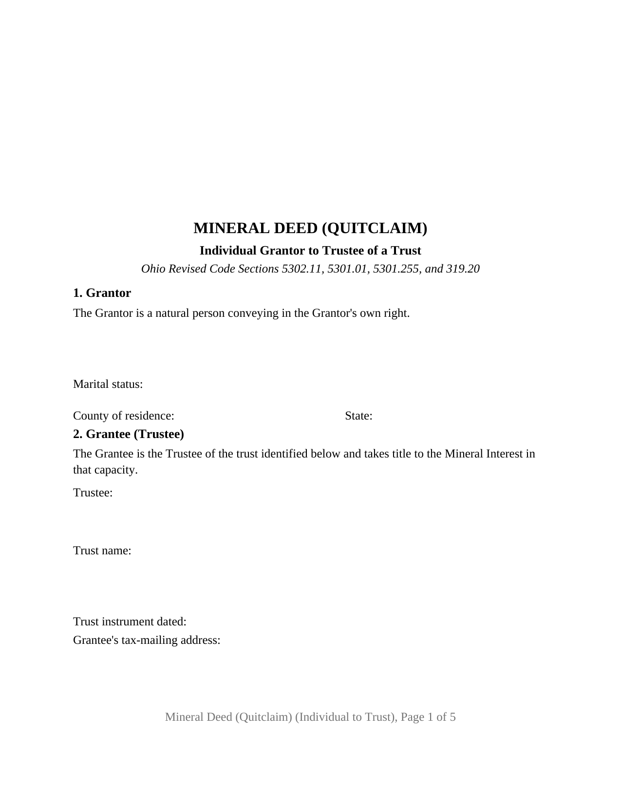 Ohio Mineral Deed (Quitclaim) (Individual to Trust)
