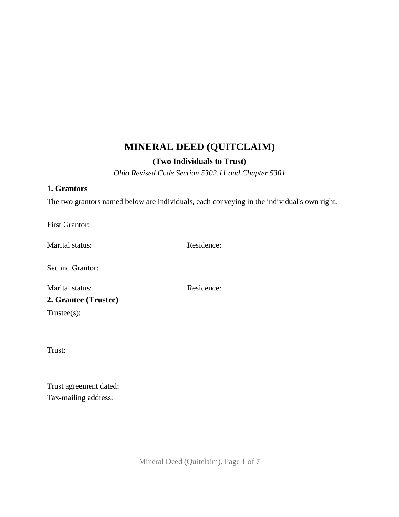 Ohio Mineral Deed (Quitclaim) (Two Individuals to Trust)
