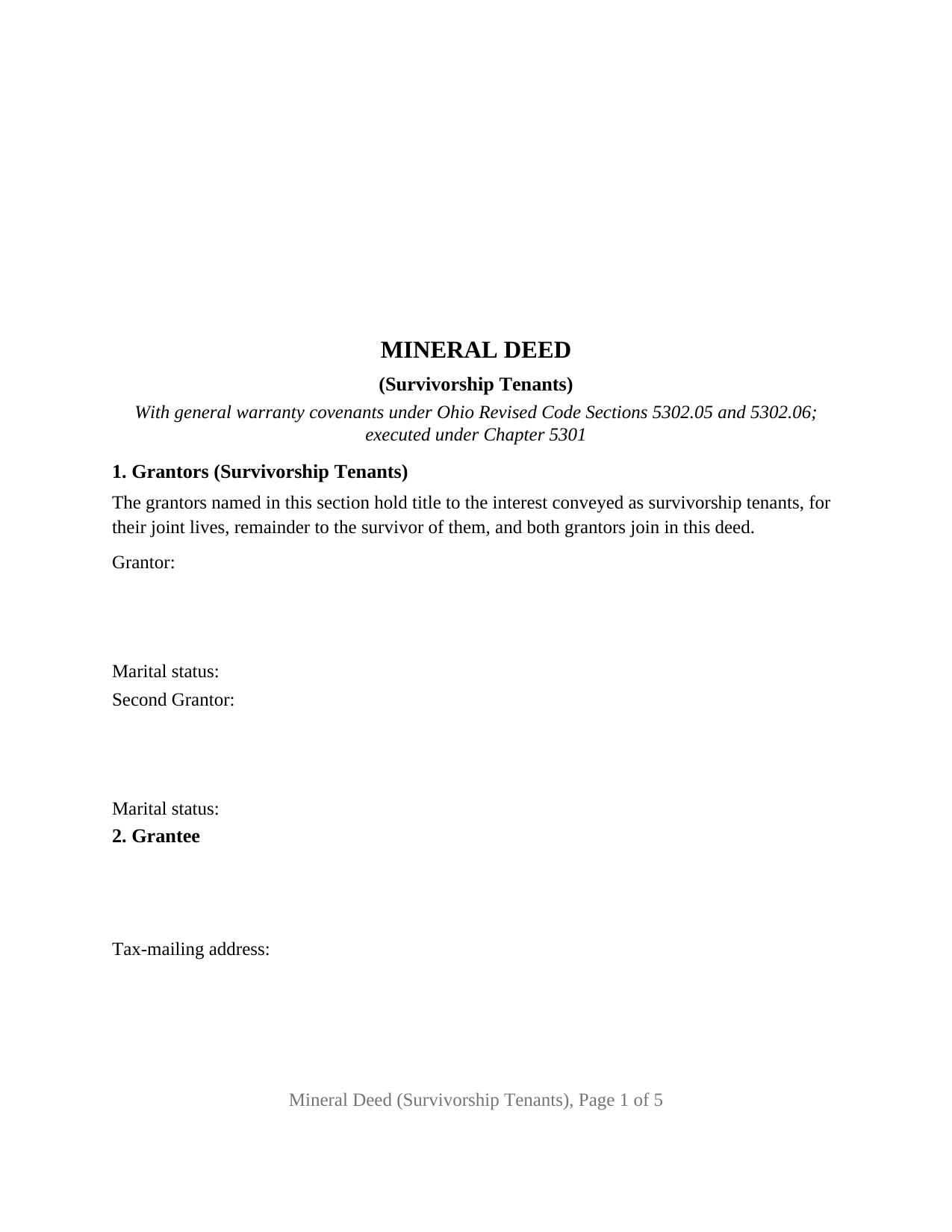 Ohio Mineral Deed (Survivorship Tenants)