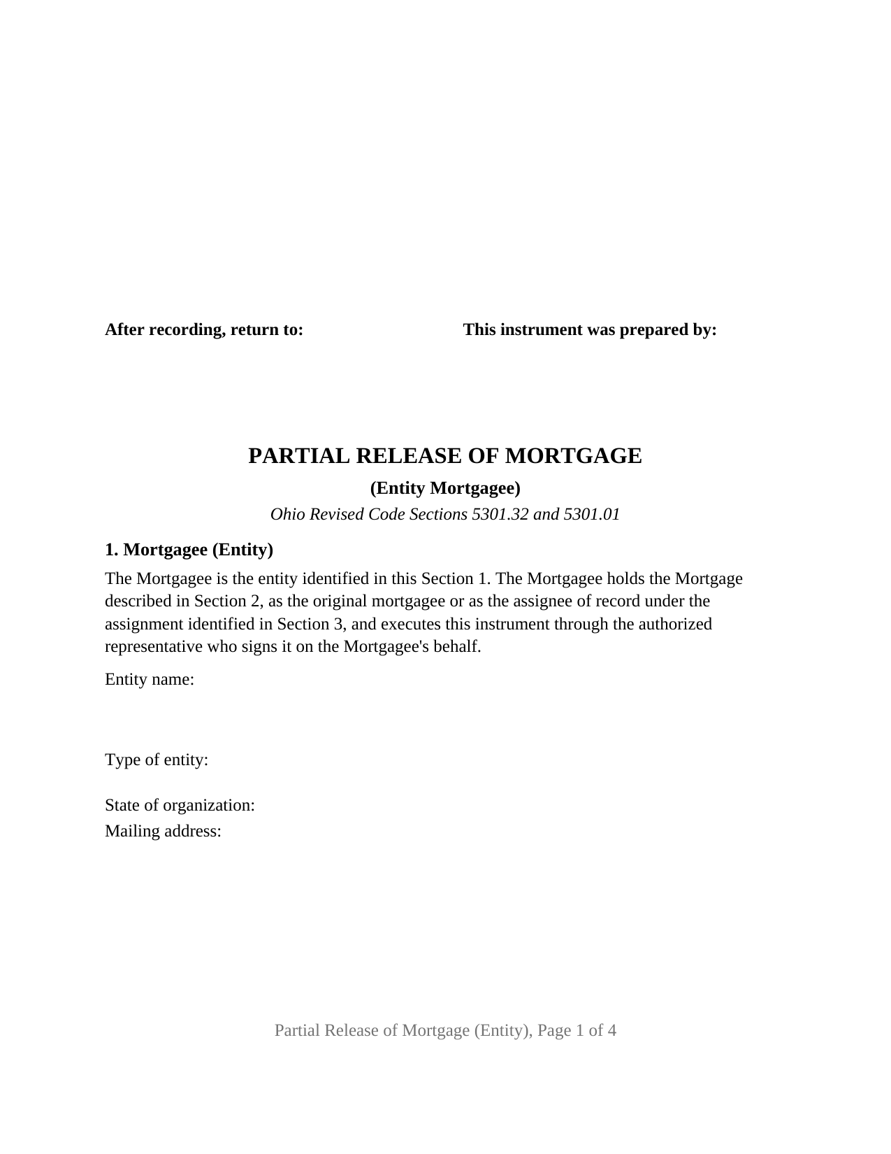 Ohio Partial Release of Mortgage (Entity)