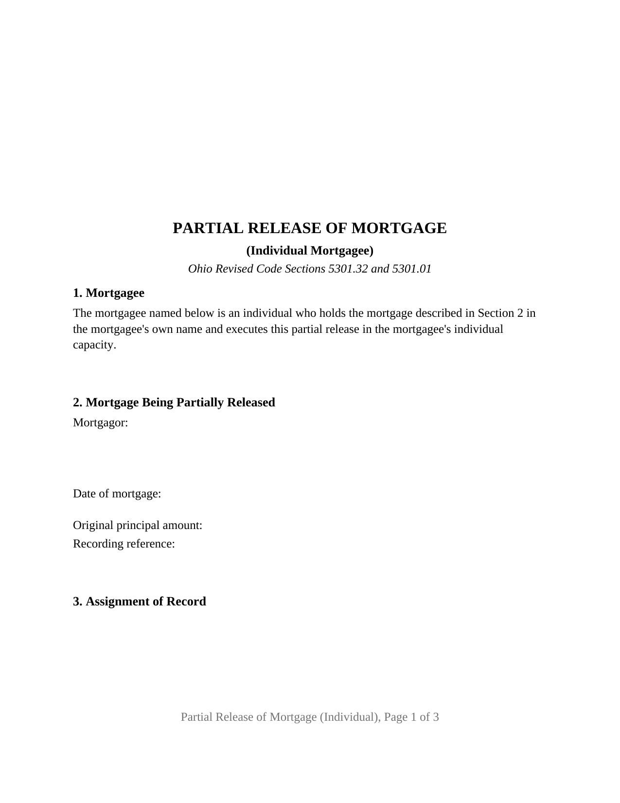 Ohio Partial Release of Mortgage (Individual)