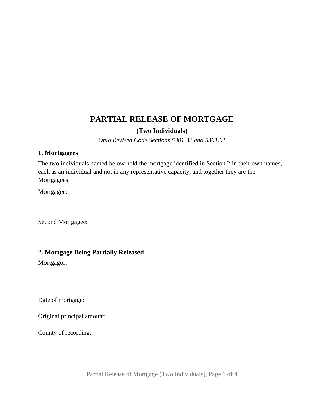 Ohio Partial Release of Mortgage (Two Individuals)
