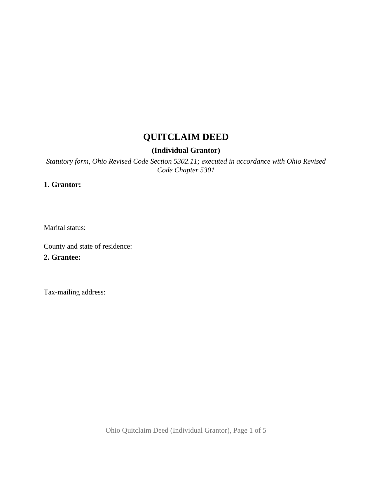 Ohio Quitclaim Deed (Individual Grantor)