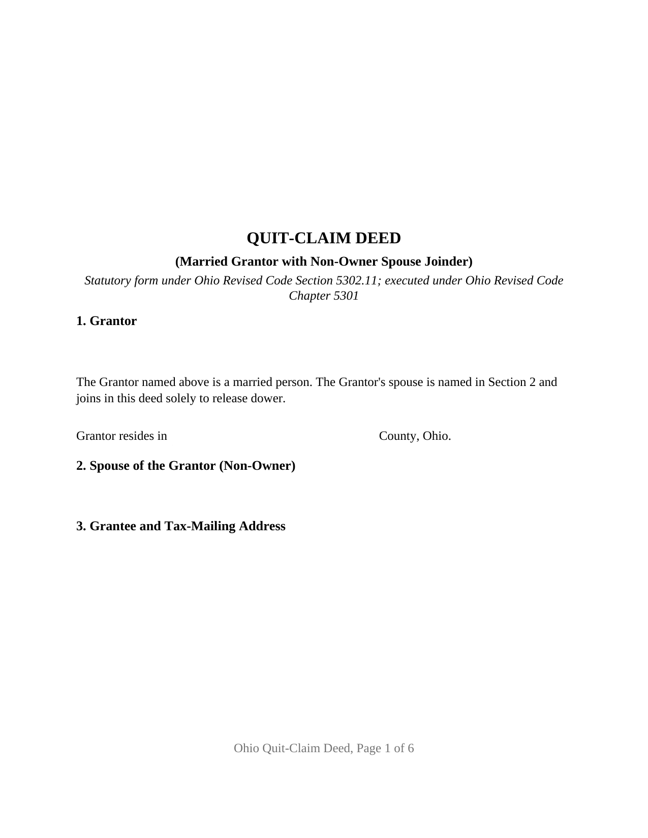 Ohio Quitclaim Deed (Married Grantor with Non-Owner Spouse Joinder)
