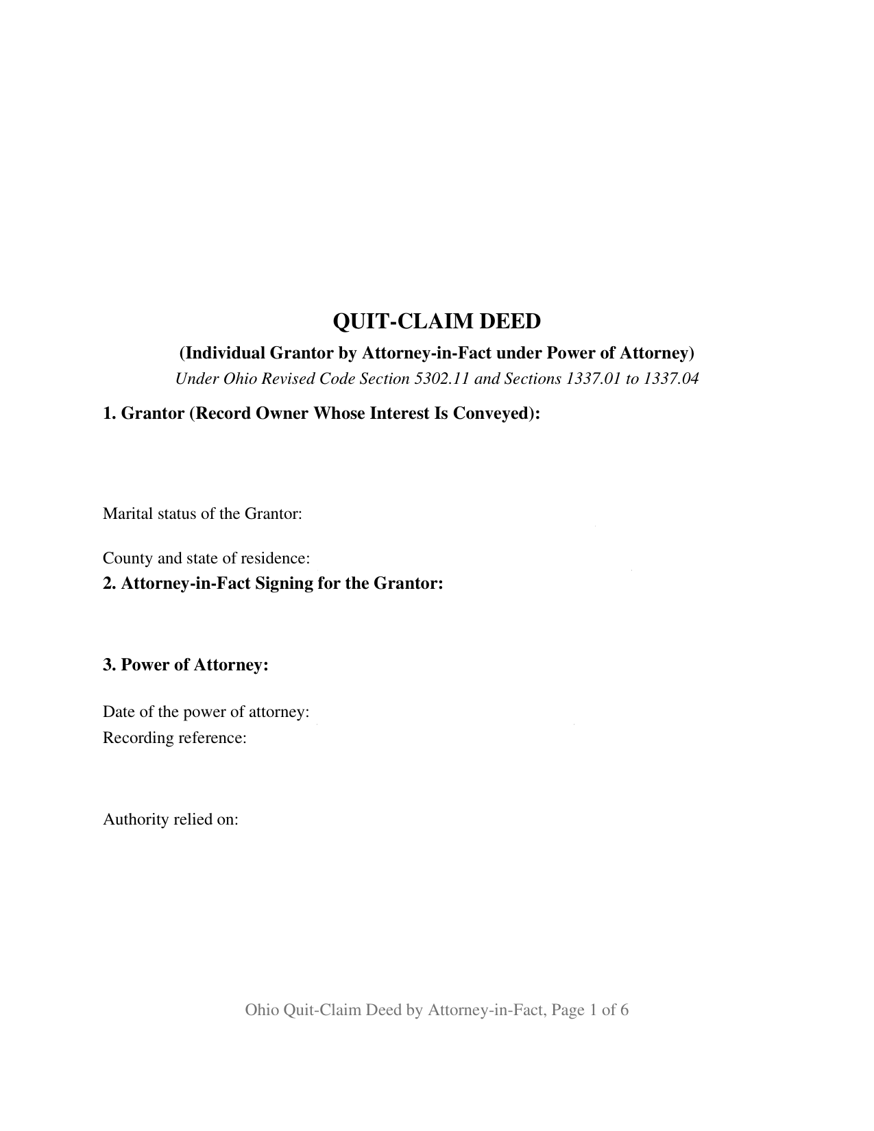 Ohio Quitclaim Deed (Individual Grantor by Attorney-in-Fact under Power of Attorney)