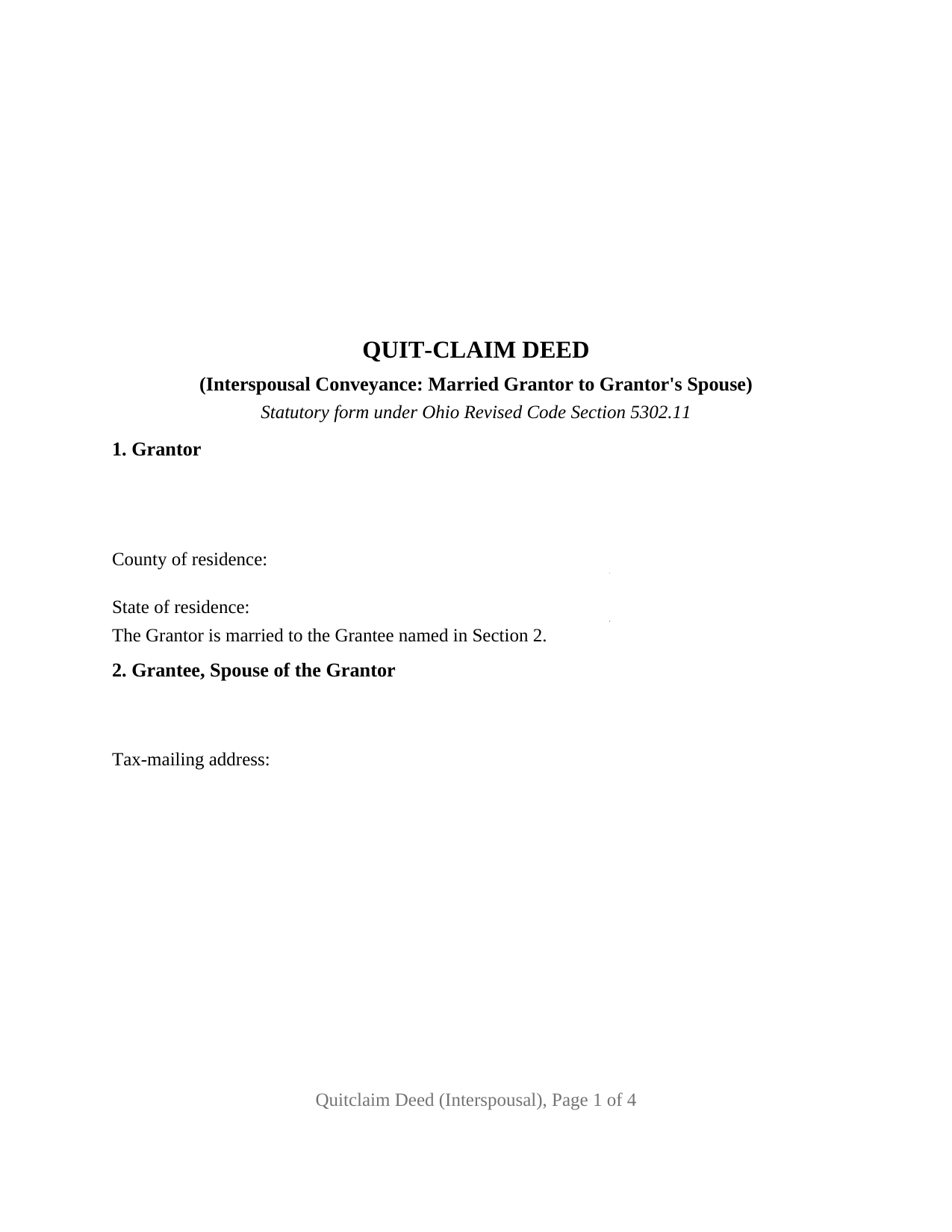 Ohio Quitclaim Deed (Interspousal)