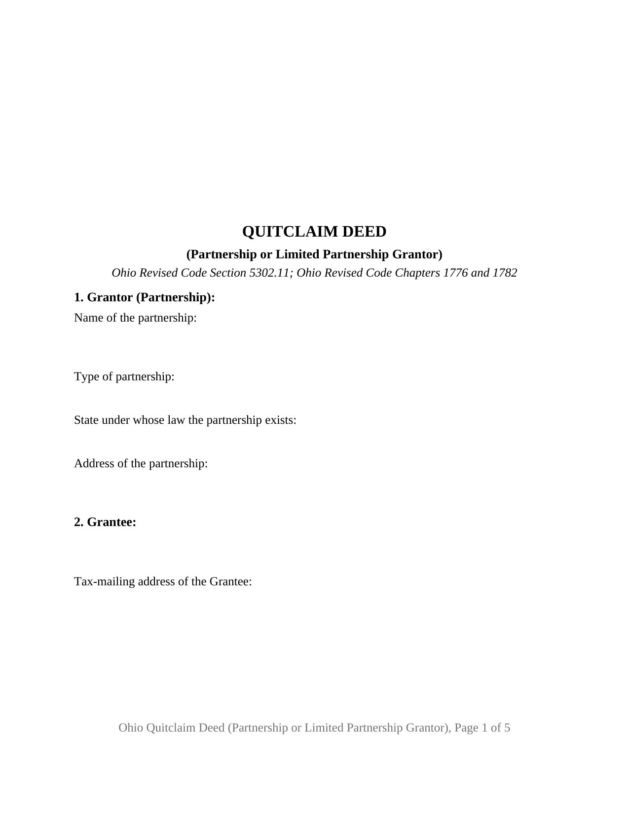 Ohio Quitclaim Deed (Partnership or Limited Partnership Grantor)