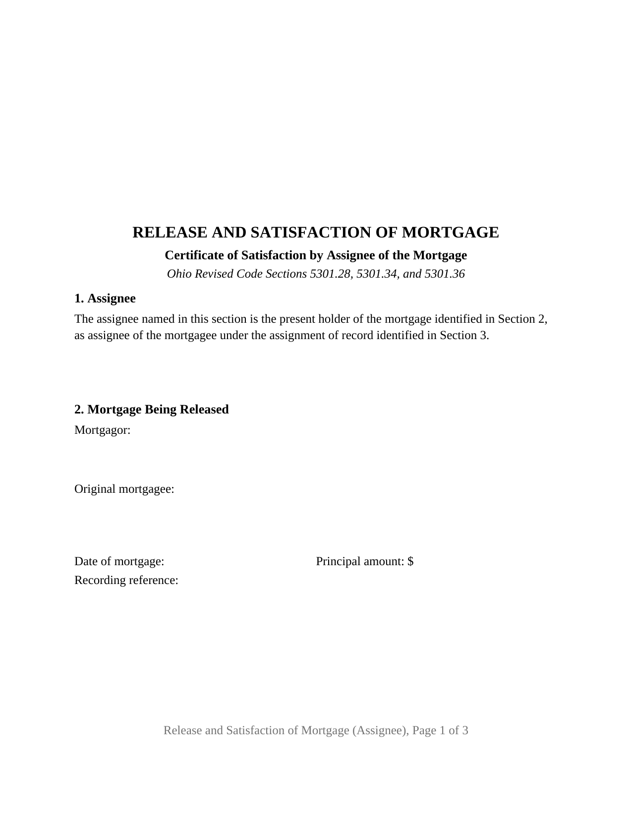 Ohio Release and Satisfaction of Mortgage (Assignee)
