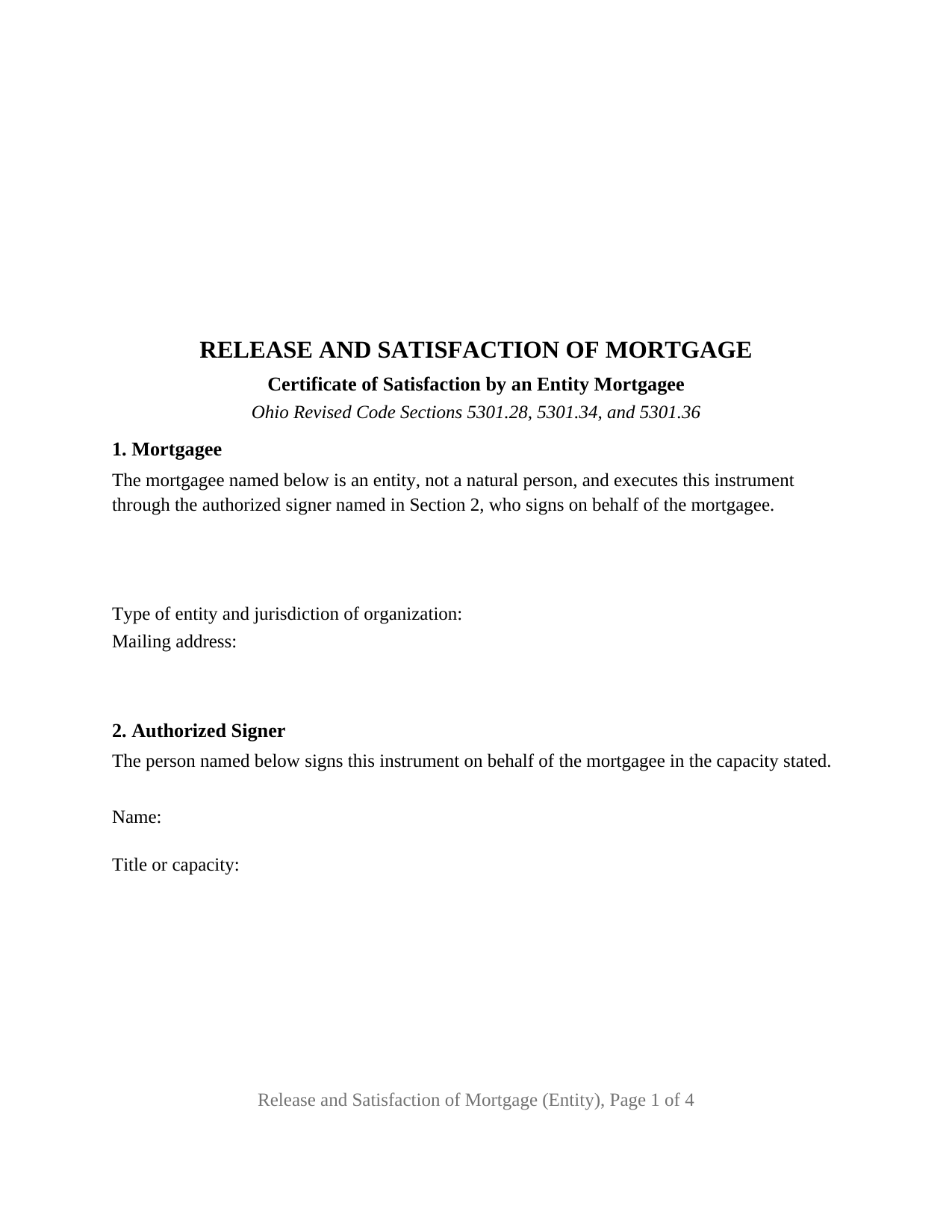 Ohio Release and Satisfaction of Mortgage (Entity)