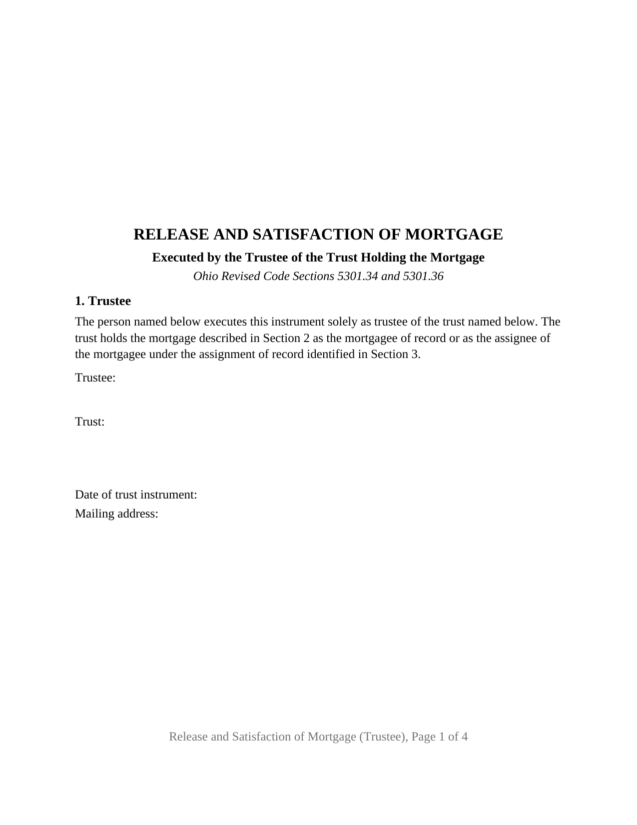 Ohio Release and Satisfaction of Mortgage (Trustee)