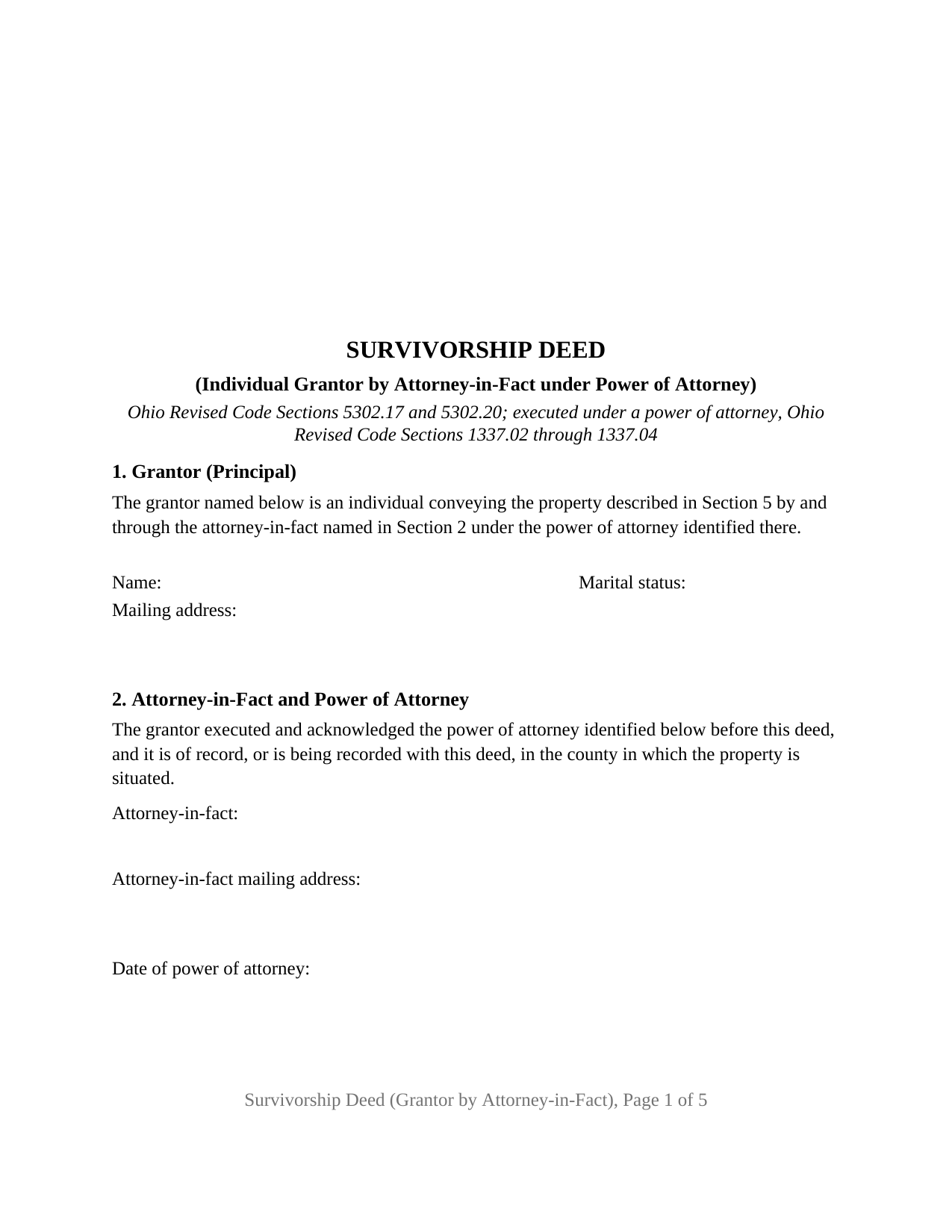 Ohio Survivorship Deed (Individual Grantor by Attorney-in-Fact - POA)