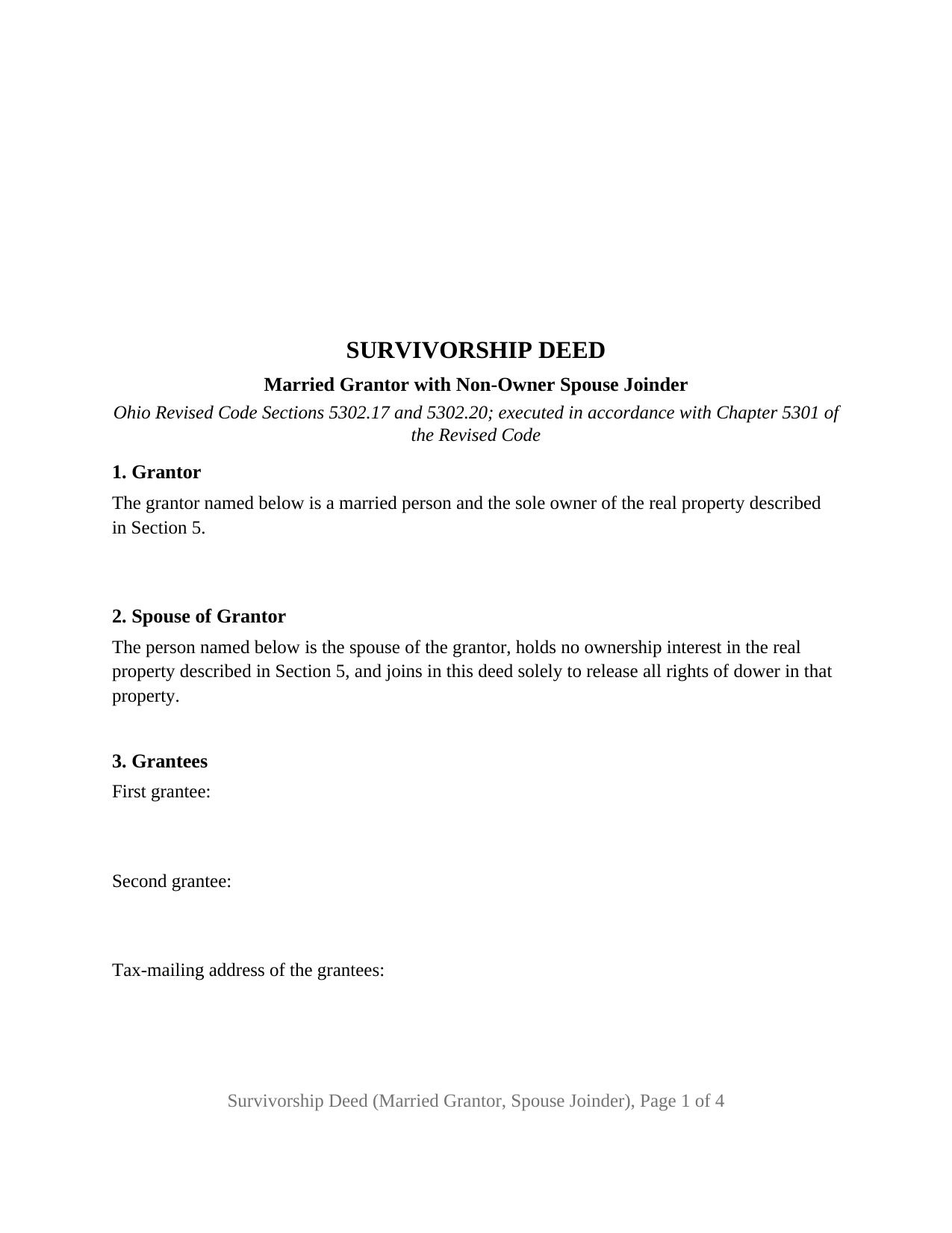 Ohio Survivorship Deed (Married Grantor with Non-Owner Spouse Joinder)