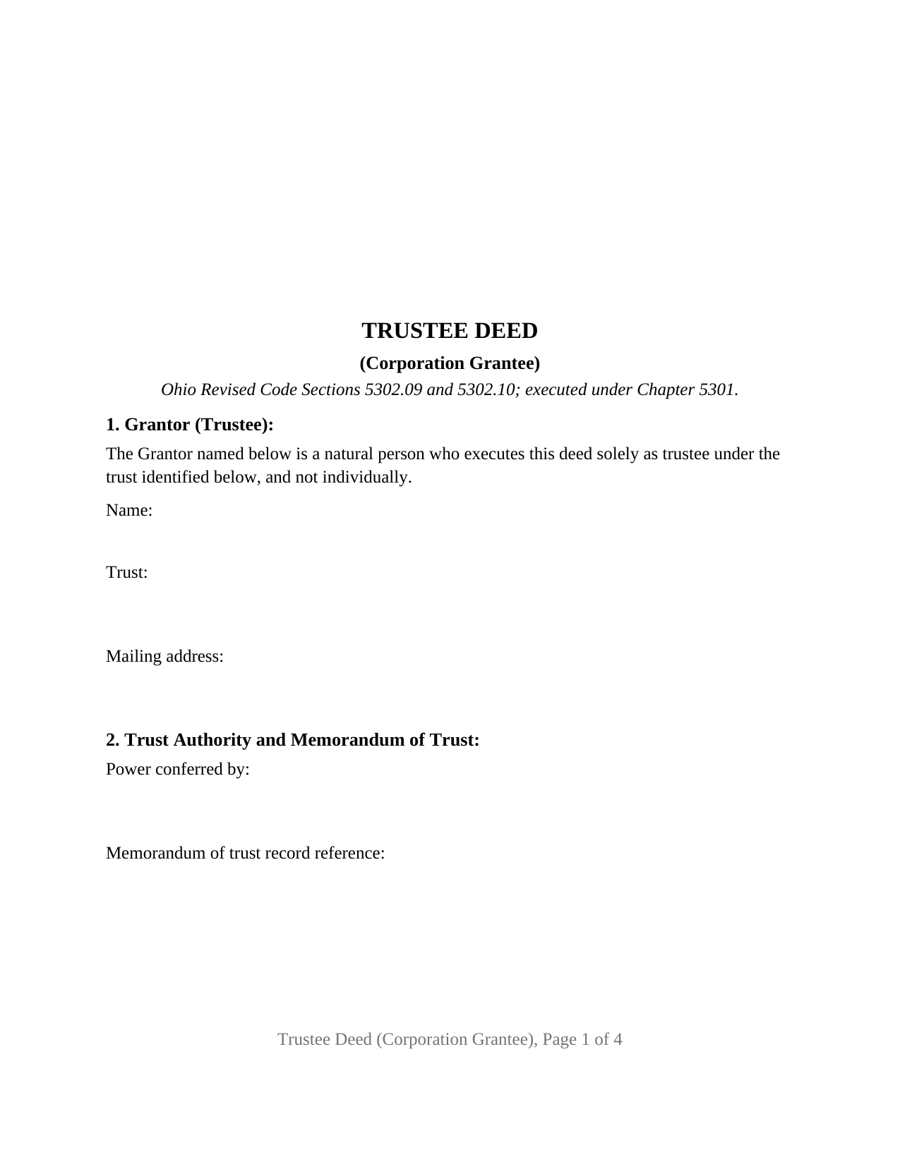 Ohio Trustee Deed (Corporation Grantee)