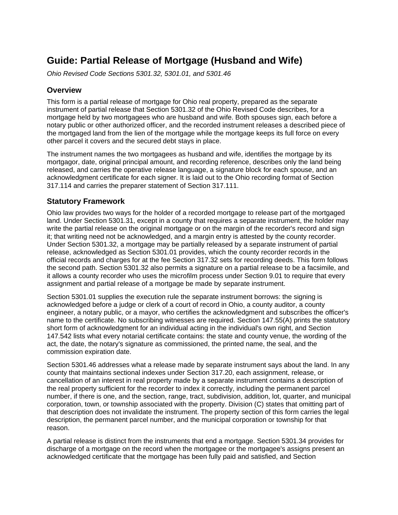 Clermont County Partial Release of Mortgage (Husband and Wife) Guide