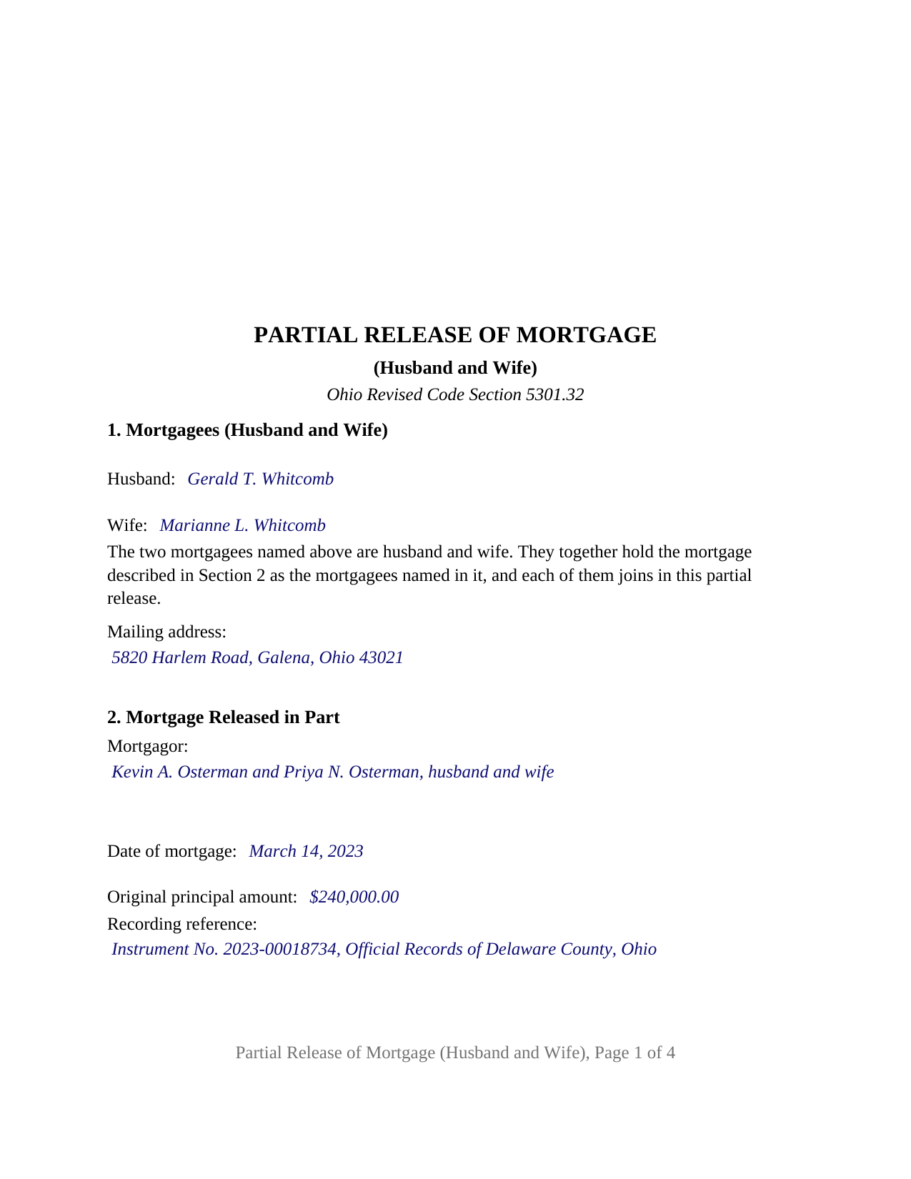 Clermont County Completed Example of the Partial Release of Mortgage (Husband and Wife) Document