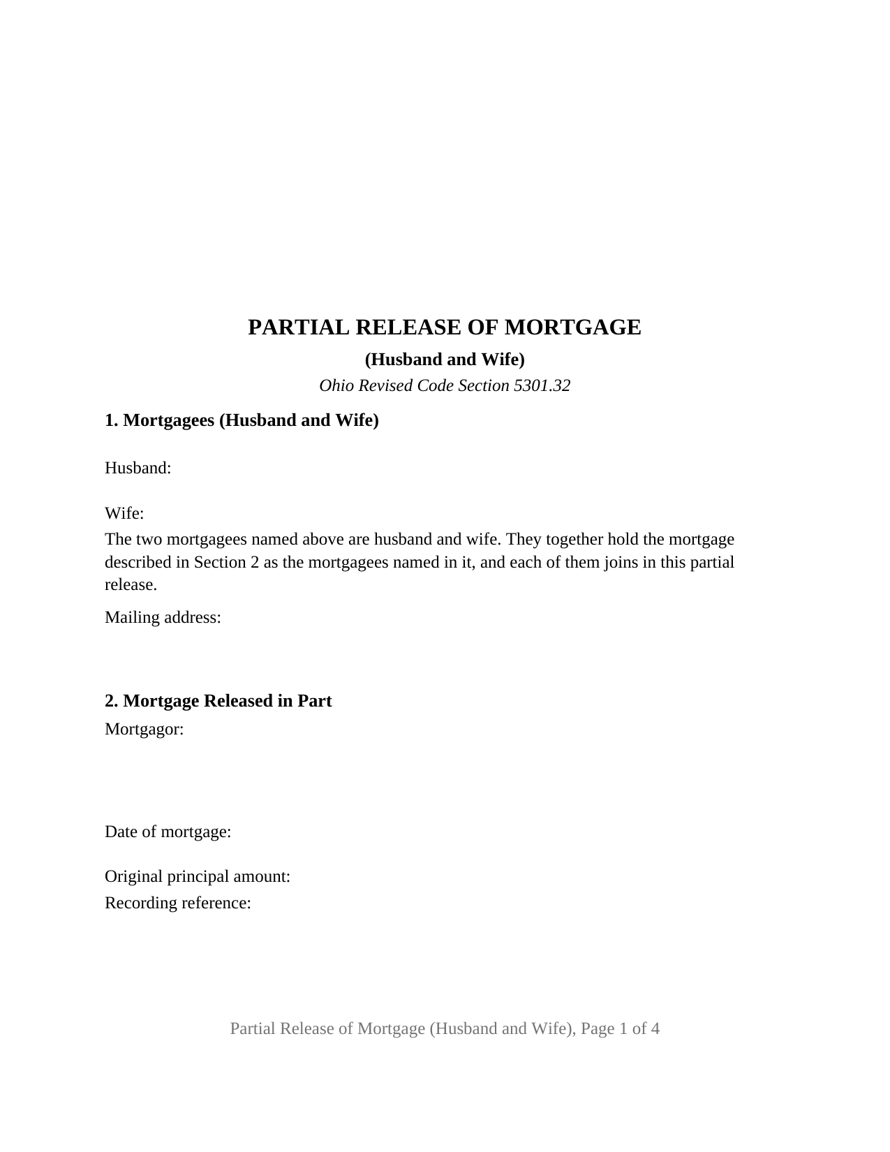 Clermont County Partial Release of Mortgage (Husband and Wife) Form
