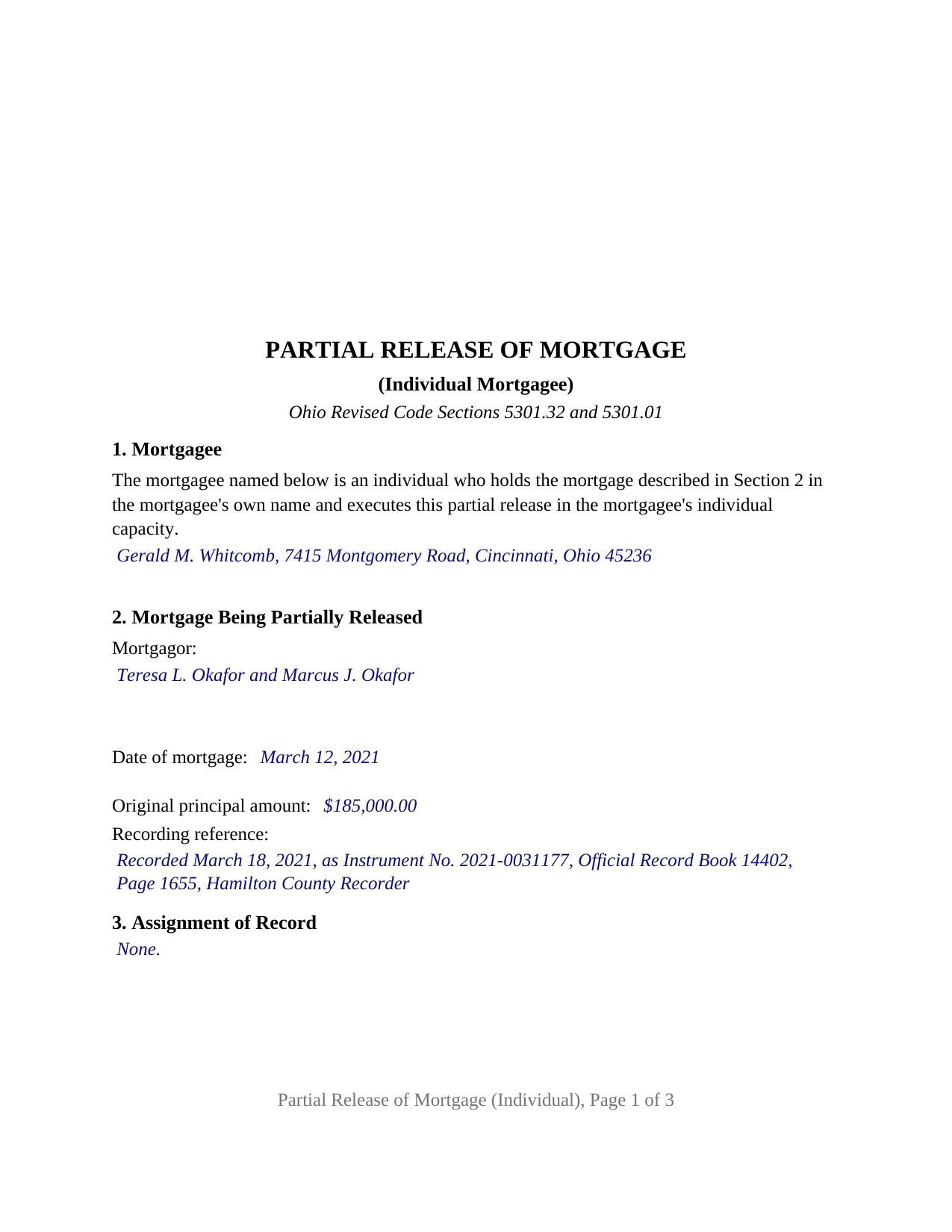 Madison County Completed Example of the Partial Release of Mortgage (Individual) Document
