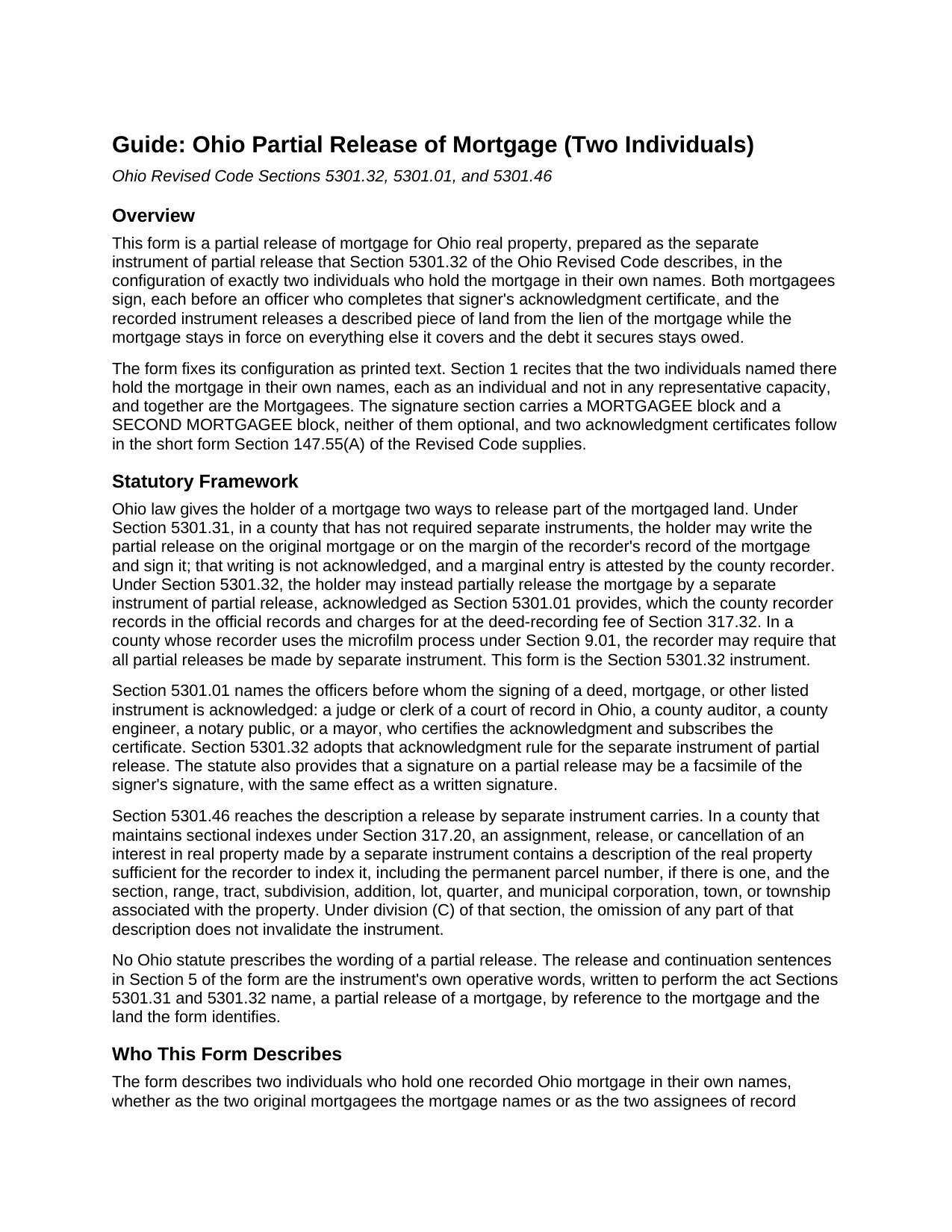 Richland County Partial Release of Mortgage (Two Individuals) Guide