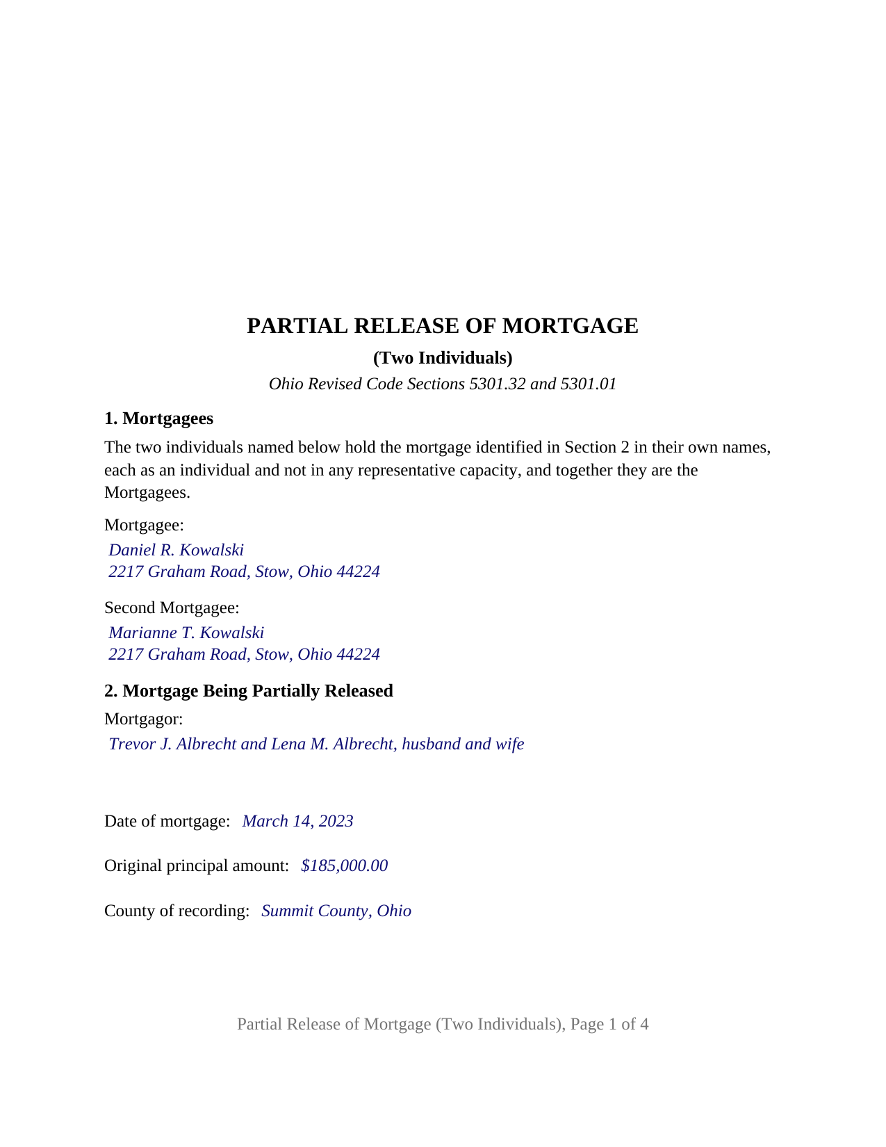 Richland County Completed Example of the Partial Release of Mortgage (Two Individuals) Document