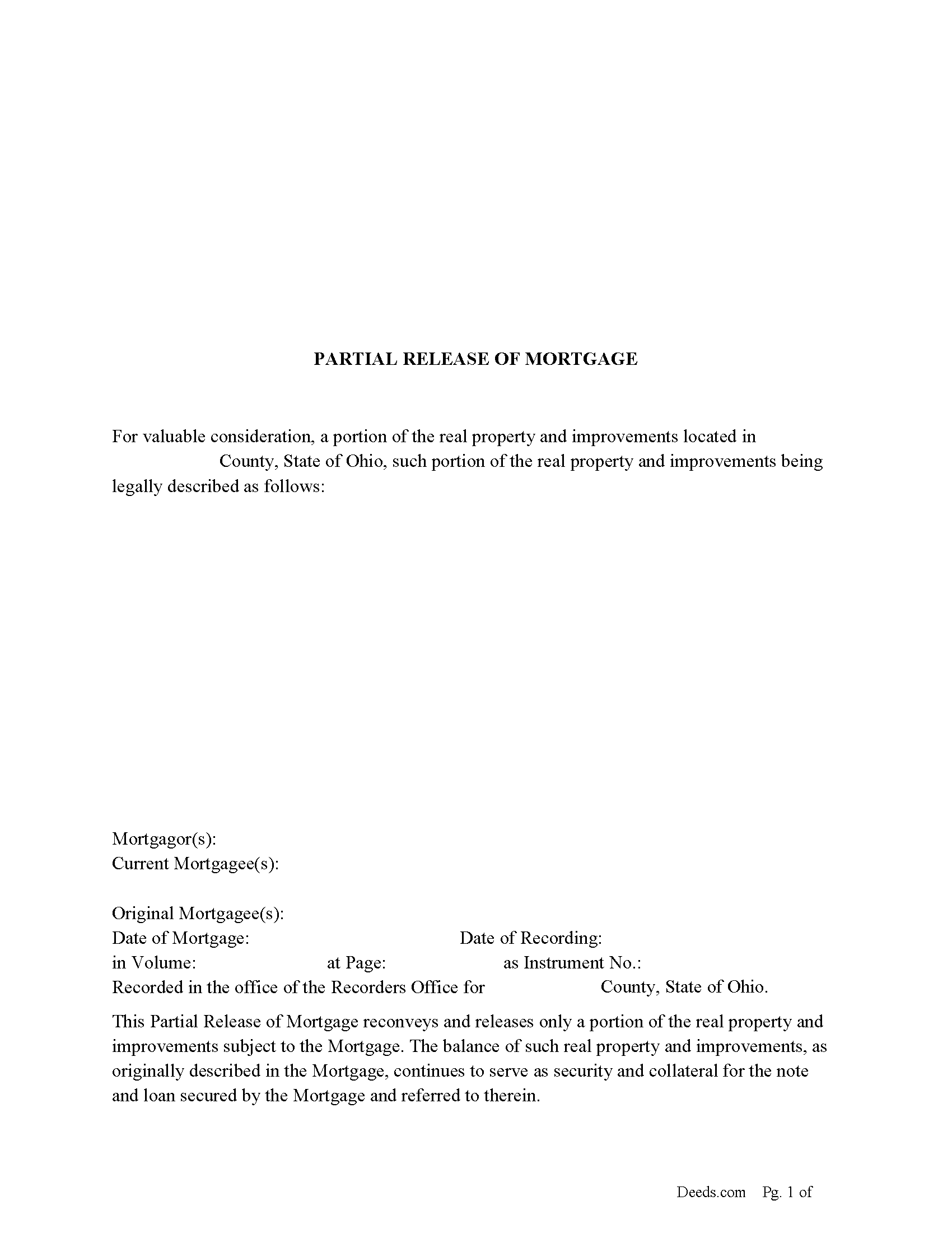 Hocking County Ohio Partial Release of Mortgage Form
