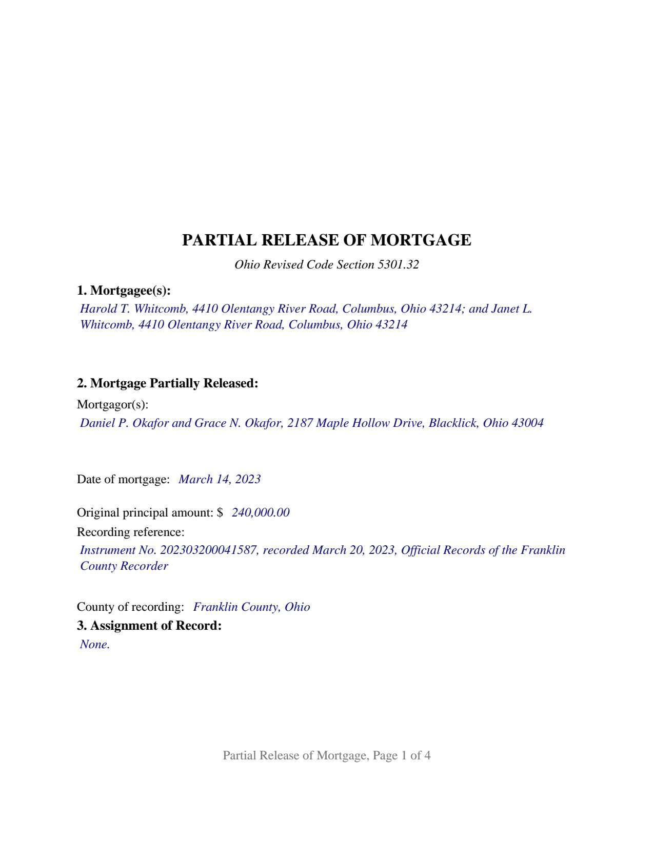 Darke County Completed Example of the Partial Release of Mortgage Document