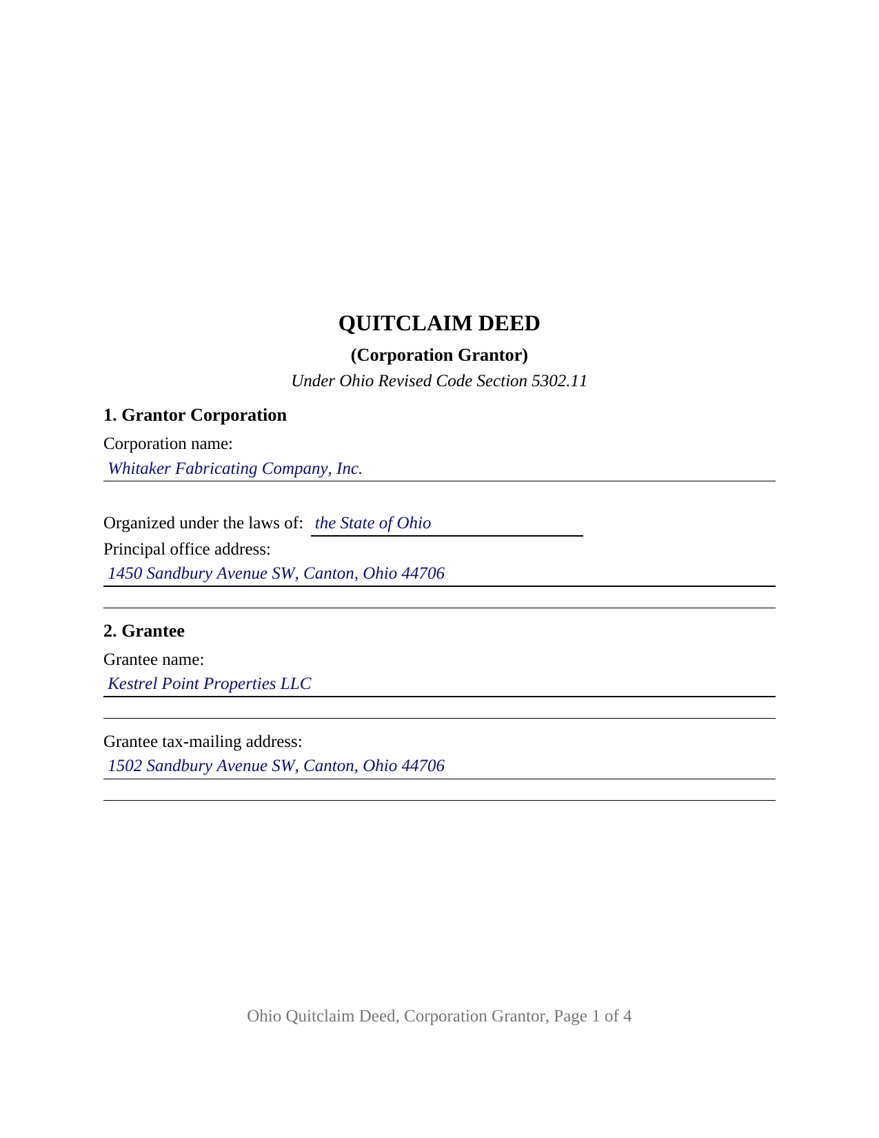 Erie County Completed Example of the Quitclaim Deed (Corporation Grantor) Document
