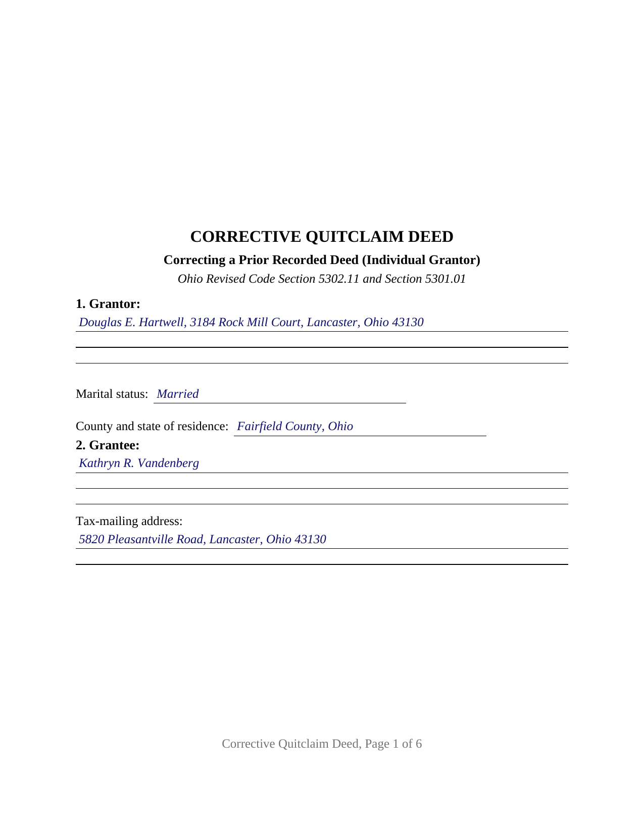 Wood County Completed Example of the Quitclaim Deed (Corrective) Document