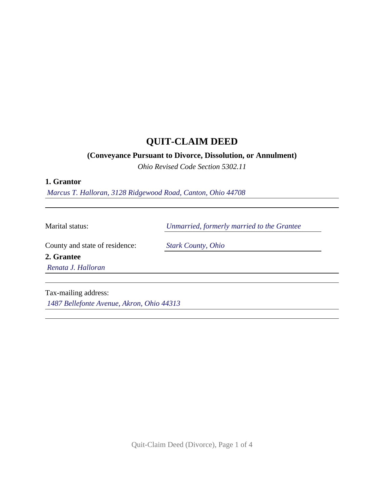 Hardin County Completed Example of the Quitclaim Deed (Divorce) Document