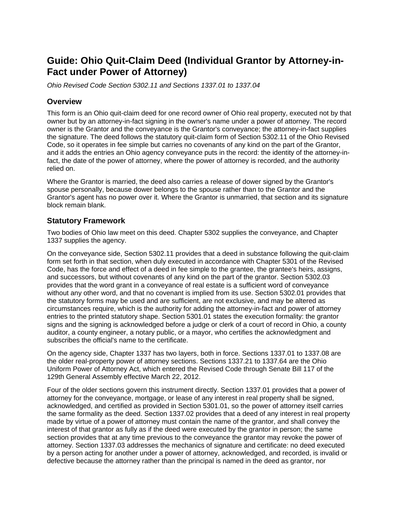 Ashtabula County Quitclaim Deed (Individual Grantor by Attorney-in-Fact under Power of Attorney) Guide