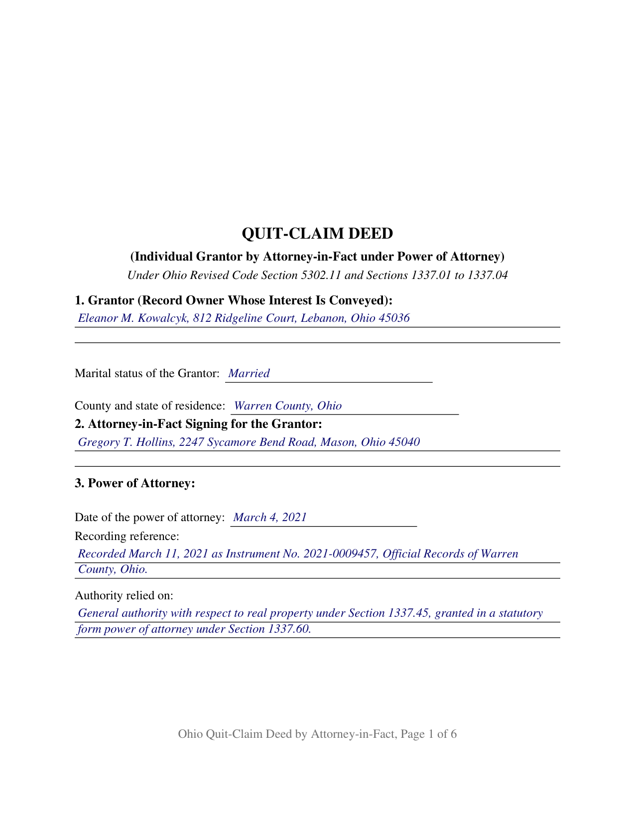 Ashtabula County Completed Example of the Quitclaim Deed (Individual Grantor by Attorney-in-Fact under Power of Attorney) Document