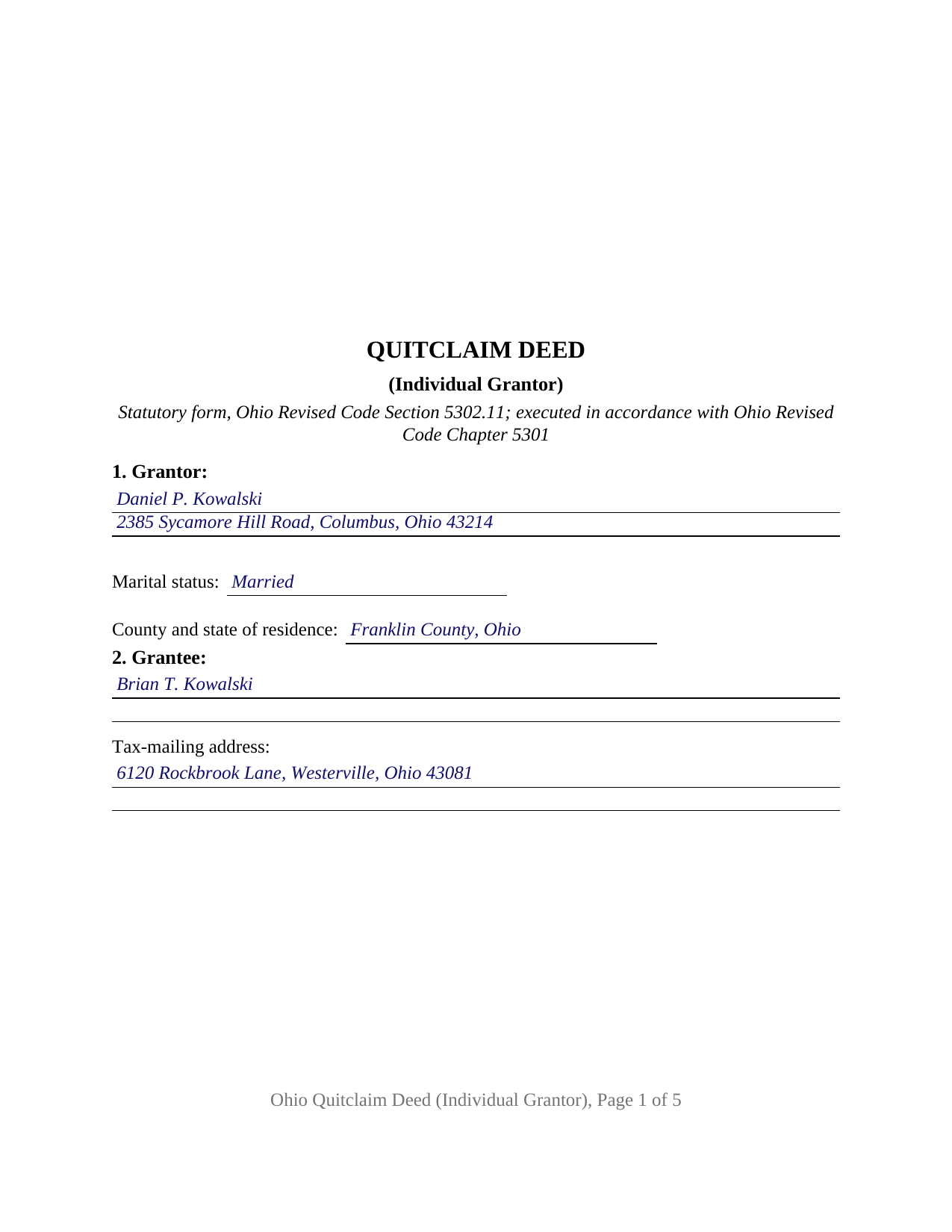 Carroll County Completed Example of the Quitclaim Deed (Individual Grantor) Document