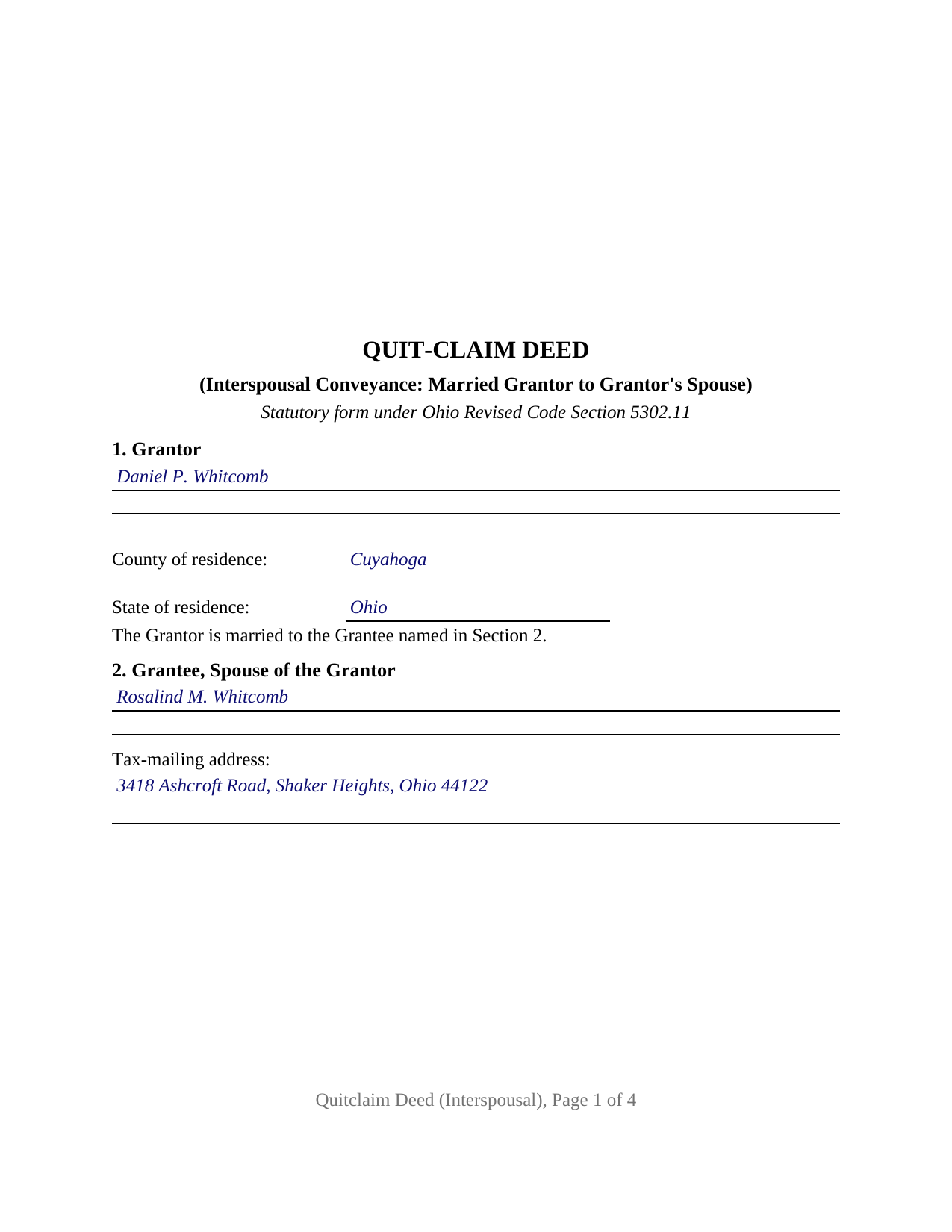 Van Wert County Completed Example of the Quitclaim Deed (Interspousal) Document