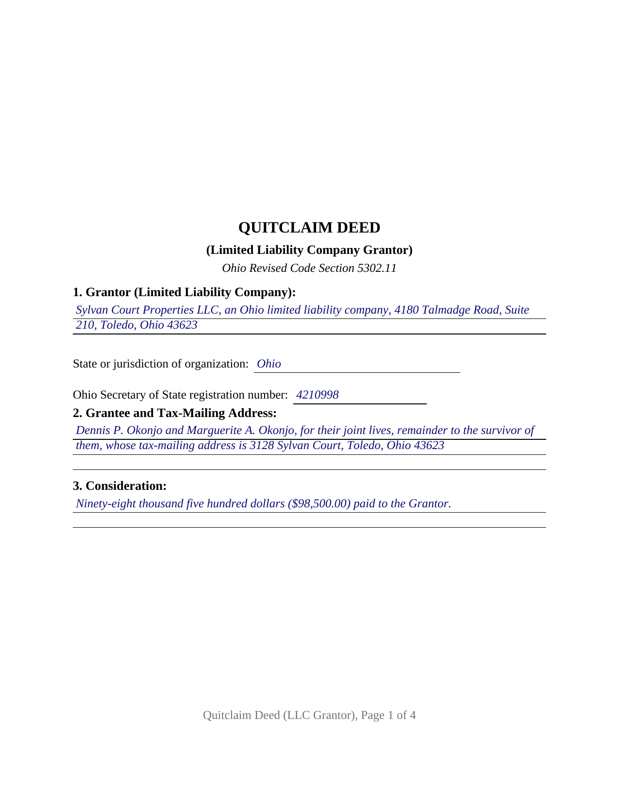 Madison County Completed Example of the Quitclaim Deed (LLC Grantor) Document