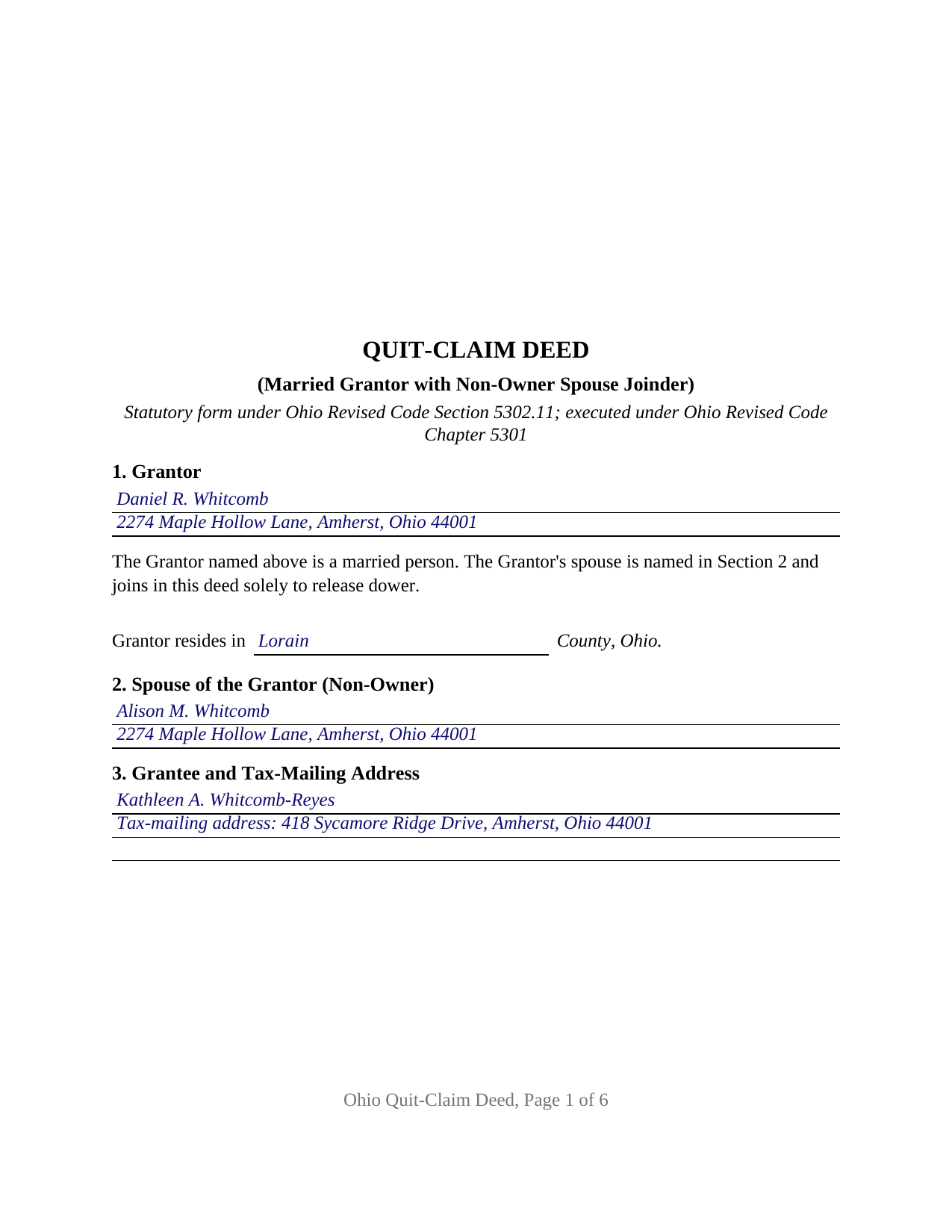 Putnam County Completed Example of the Quitclaim Deed (Married Grantor with Non-Owner Spouse Joinder) Document