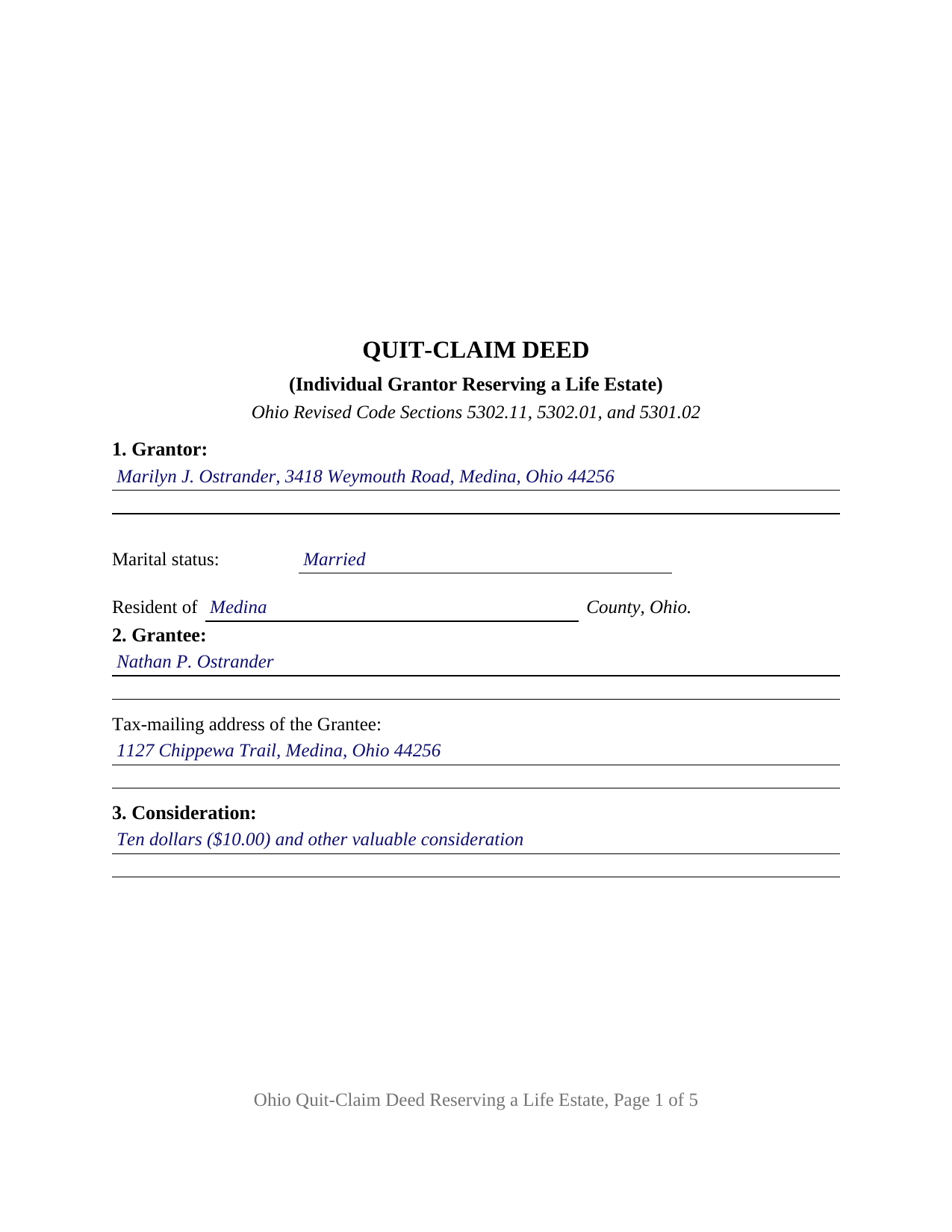 Erie County Completed Example of the Quitclaim Deed (Reserving Life Estate) Document