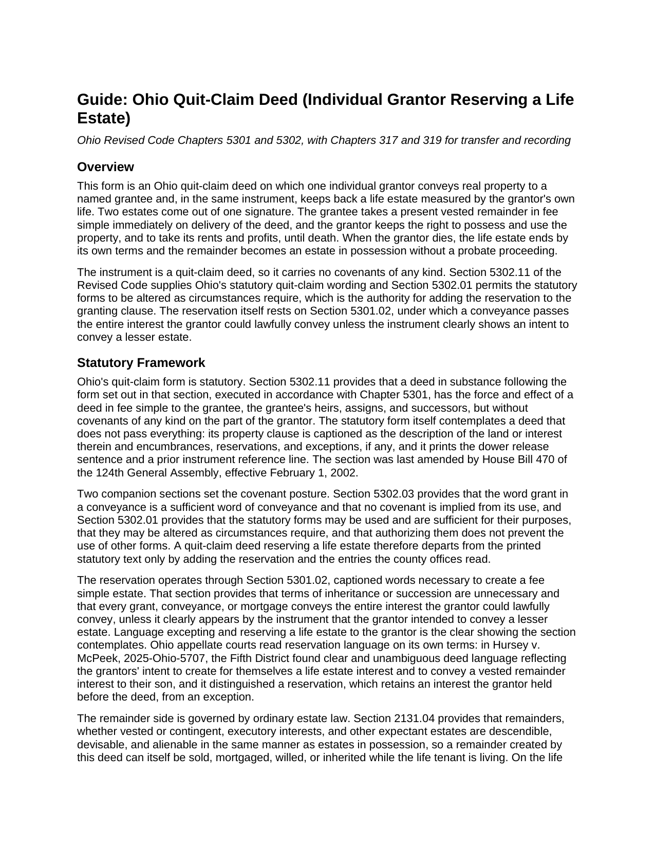 Erie County Quitclaim Deed (Reserving Life Estate) Guide