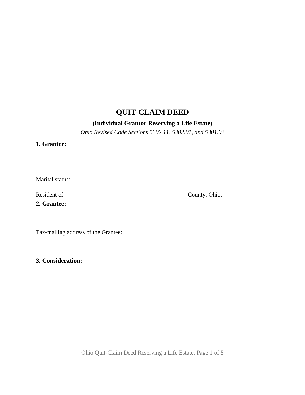 Erie County Quitclaim Deed (Reserving Life Estate) Form