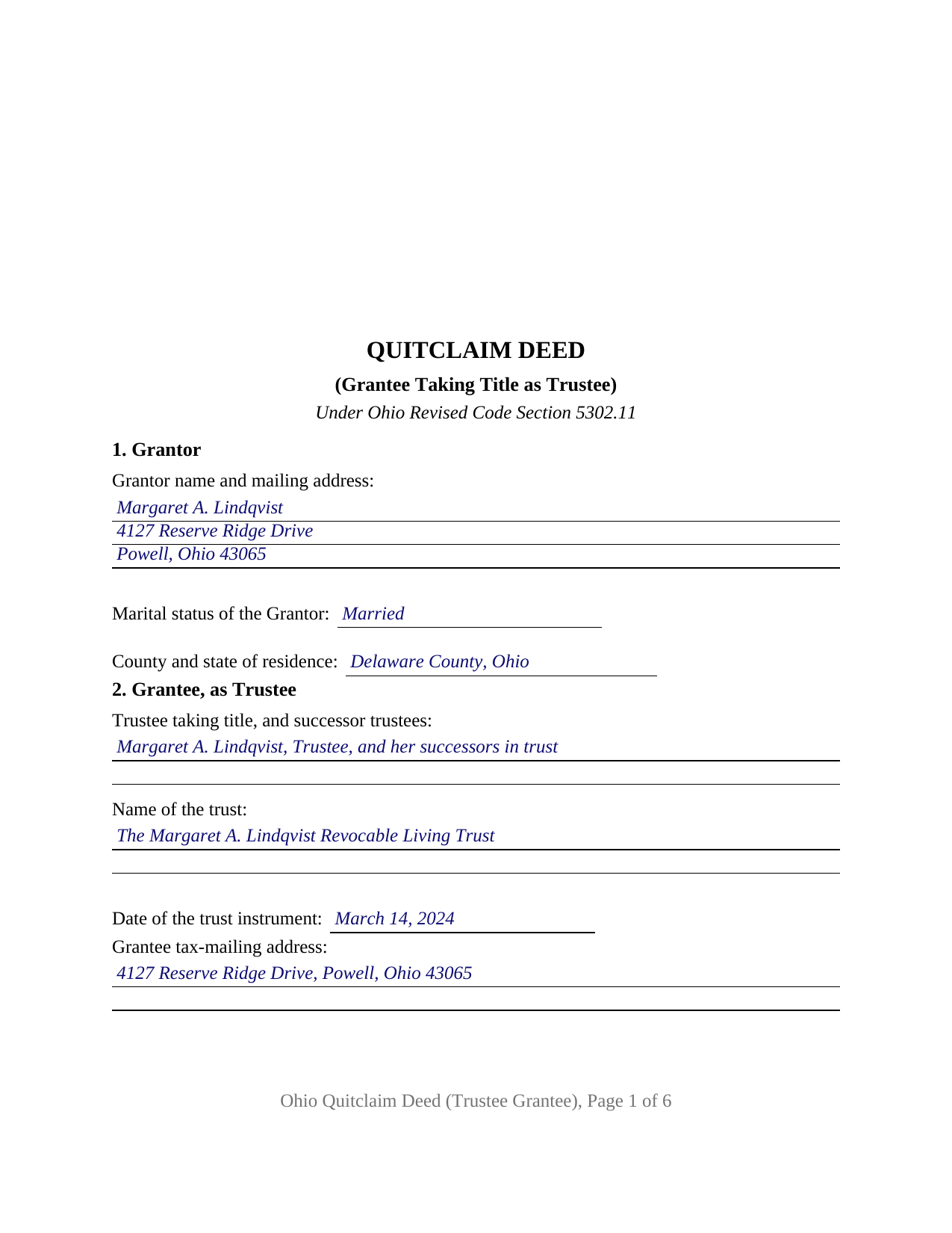 Crawford County Completed Example of the Quitclaim Deed (Trustee Grantee) Document