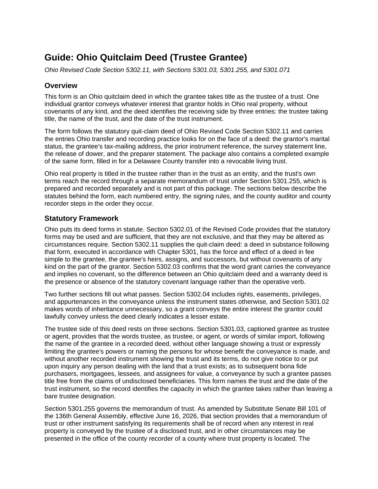 Crawford County Quitclaim Deed (Trustee Grantee) Guide