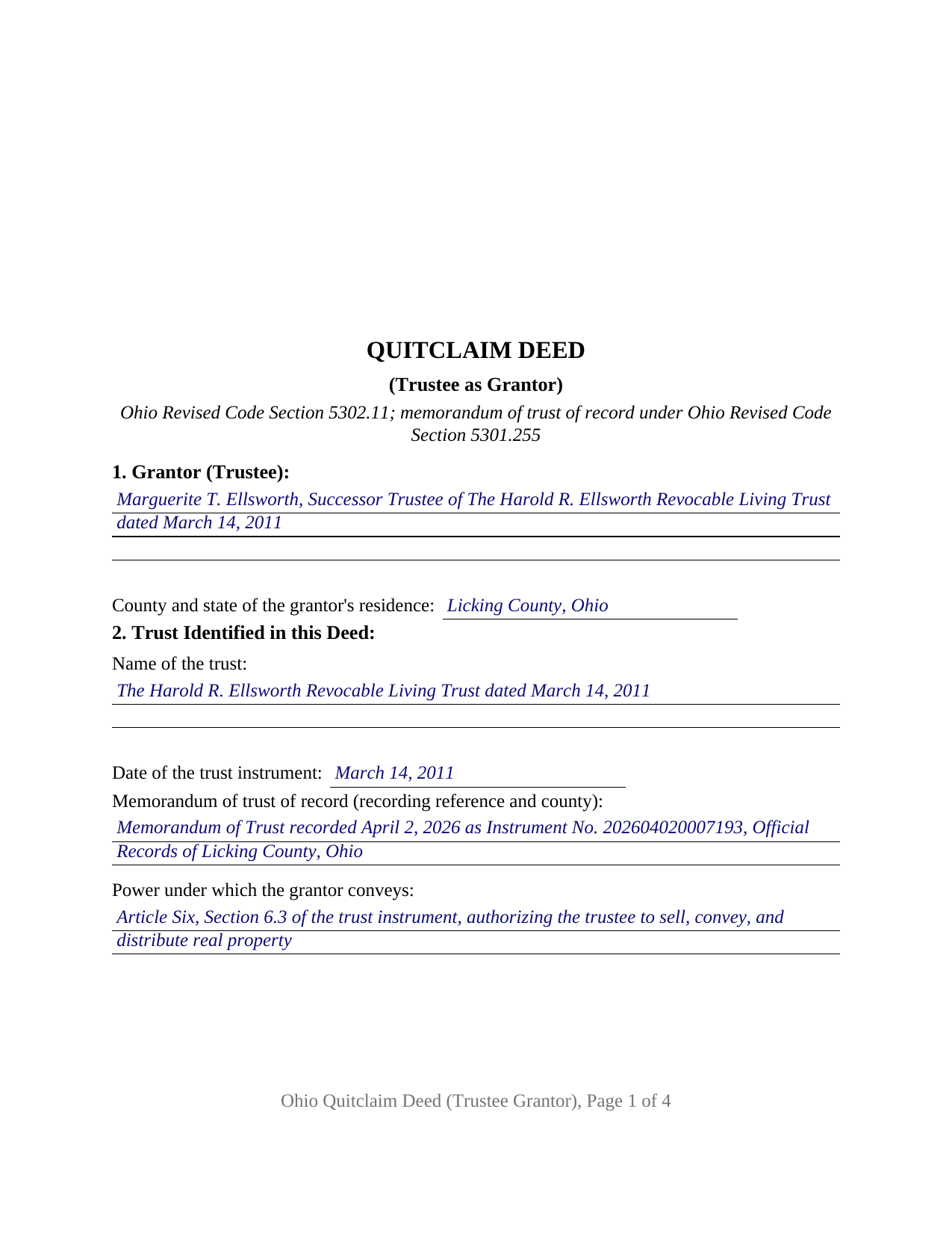 Mahoning County Completed Example of the Quitclaim Deed (Trustee Grantor) Document