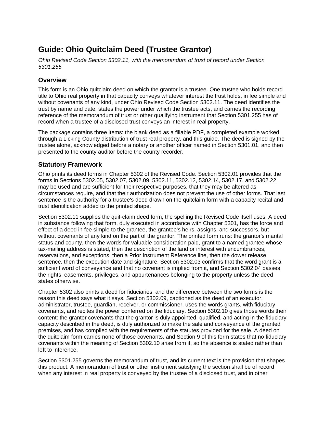 Mahoning County Quitclaim Deed (Trustee Grantor) Guide
