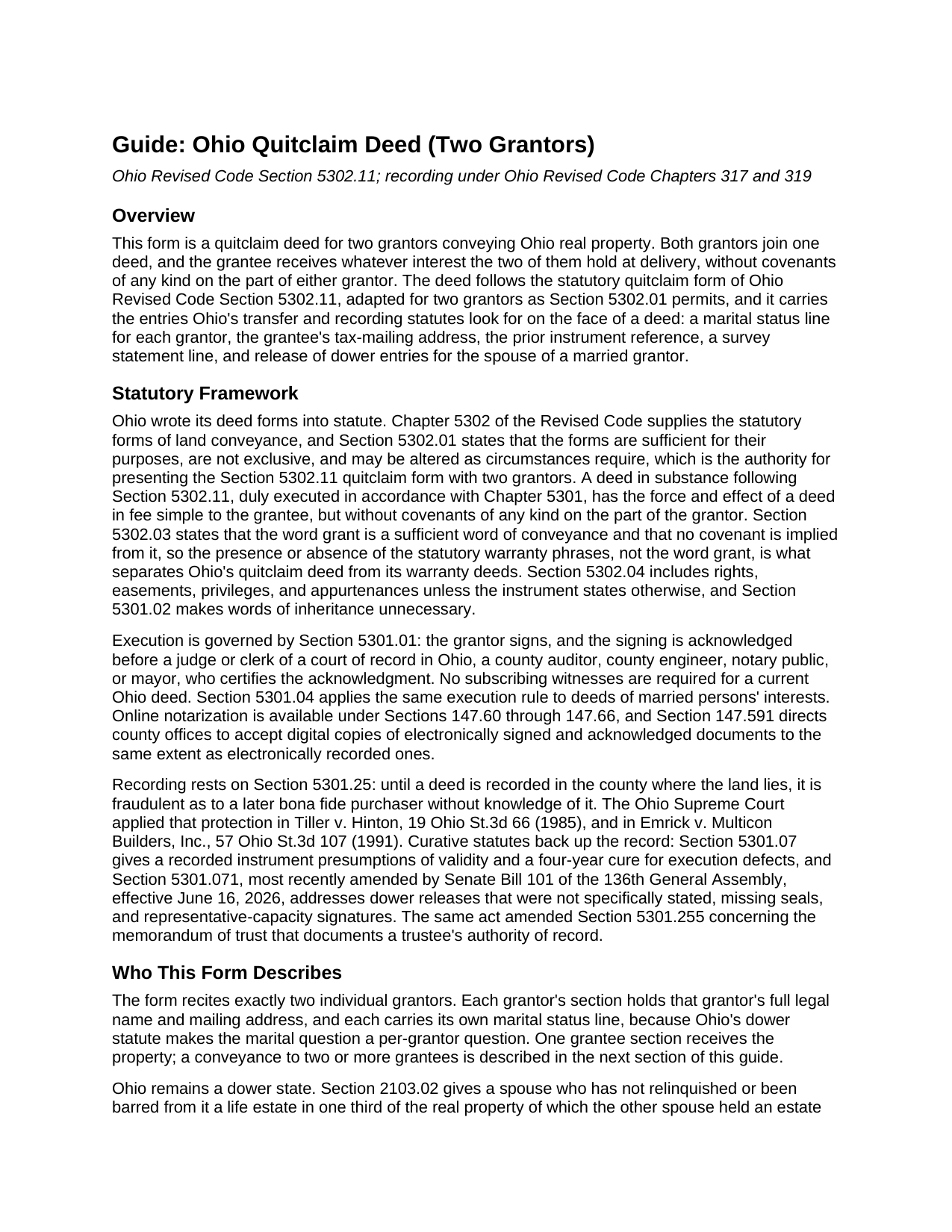 Auglaize County Quitclaim Deed (Two Grantors) Guide