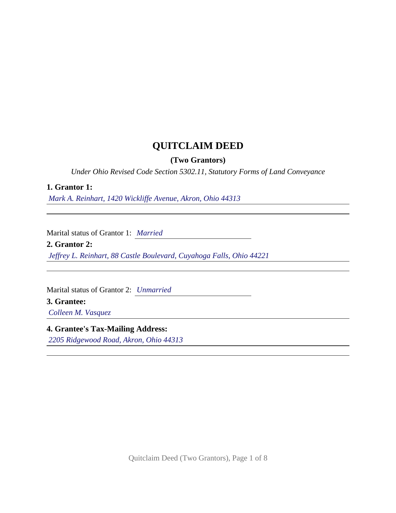 Auglaize County Completed Example of the Quitclaim Deed (Two Grantors) Document
