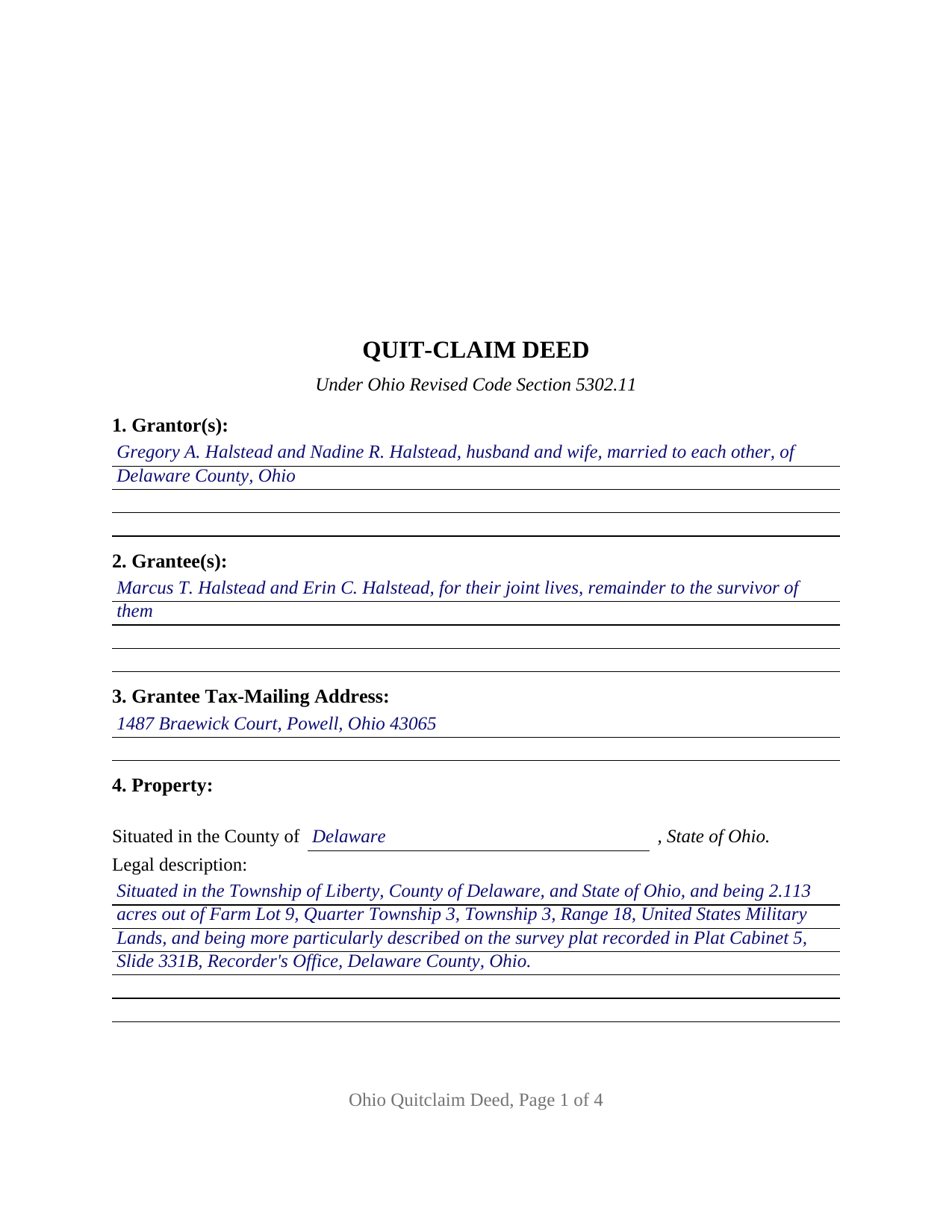 Huron County Completed Example of the Quitclaim Deed Document