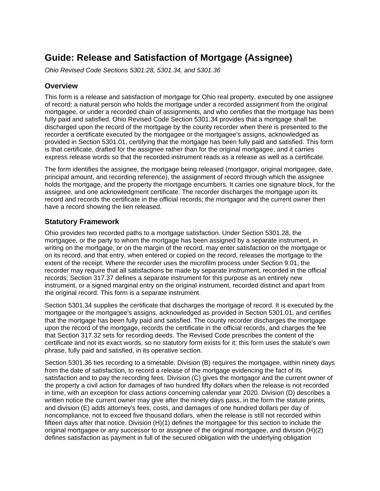 Hamilton County Release and Satisfaction of Mortgage (Assignee) Guide
