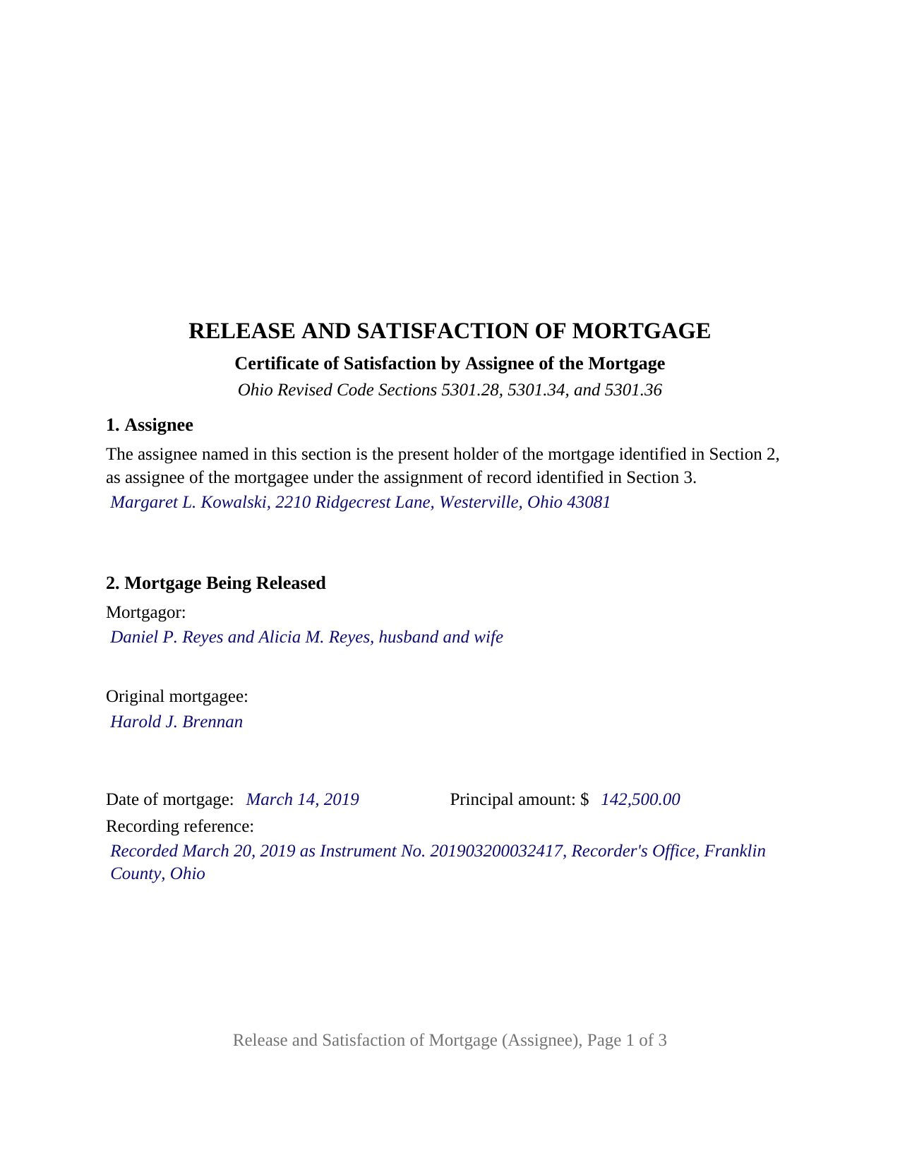 Hamilton County Completed Example of the Release and Satisfaction of Mortgage (Assignee) Document
