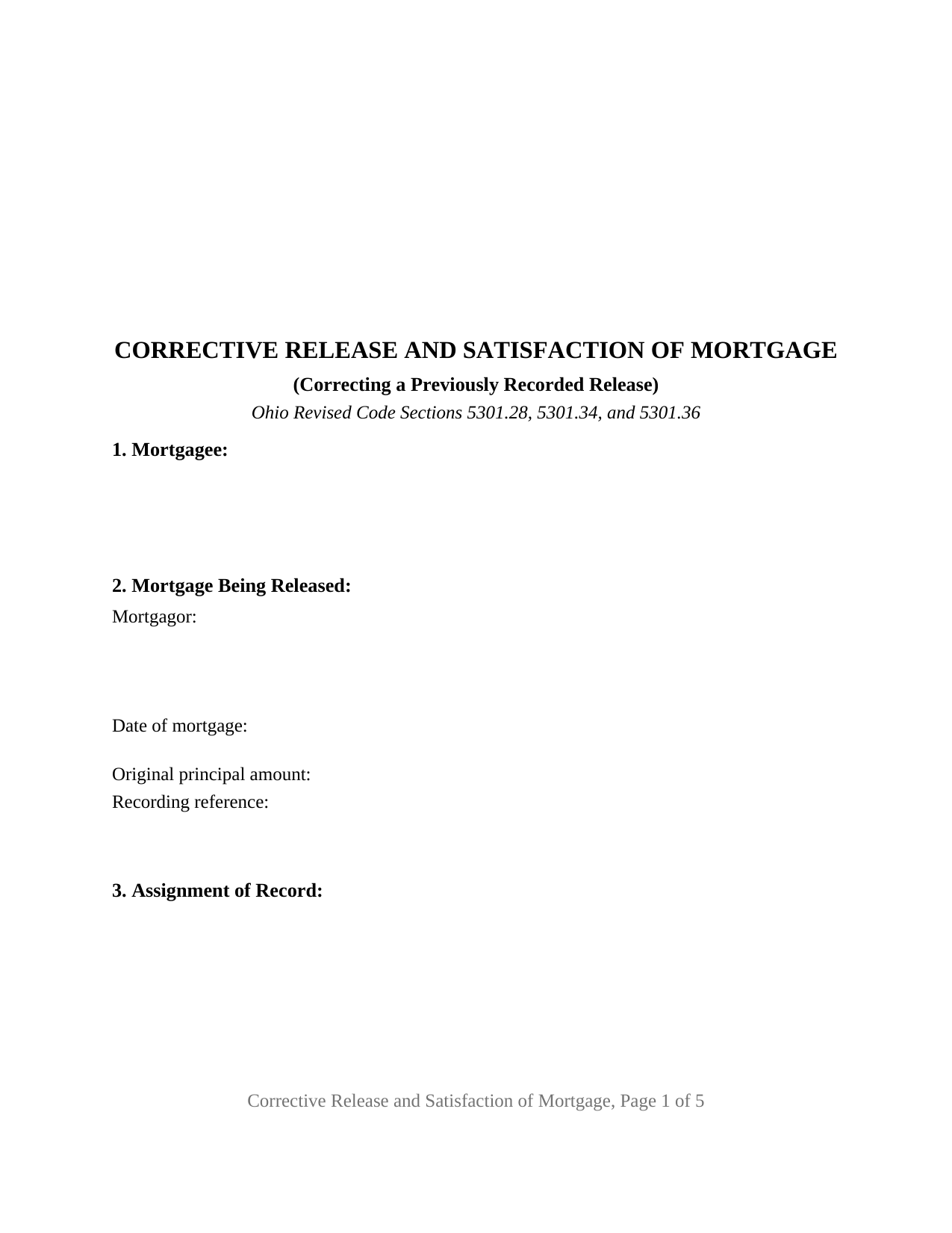 Belmont County Release and Satisfaction of Mortgage (Corrective) Form