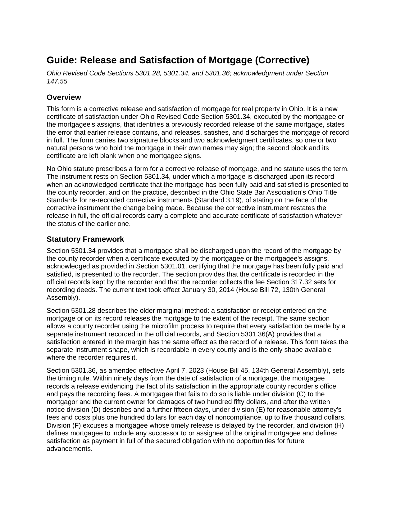 Belmont County Release and Satisfaction of Mortgage (Corrective) Guide