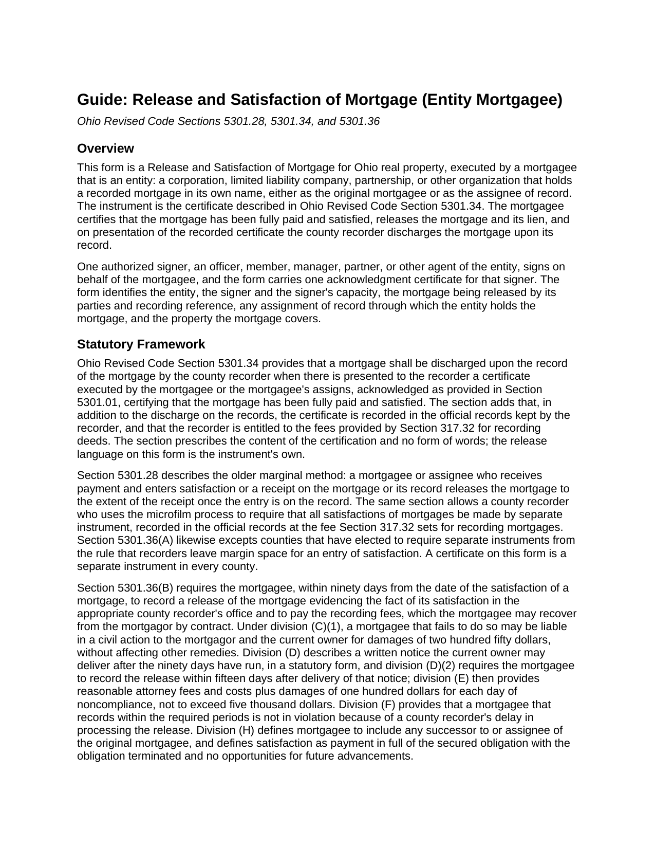 Perry County Release and Satisfaction of Mortgage (Entity) Guide